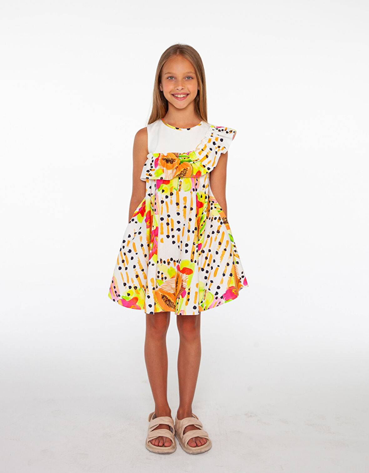 Papaya Desenli, Rahat Kalıp Kız Çocuk Elbise