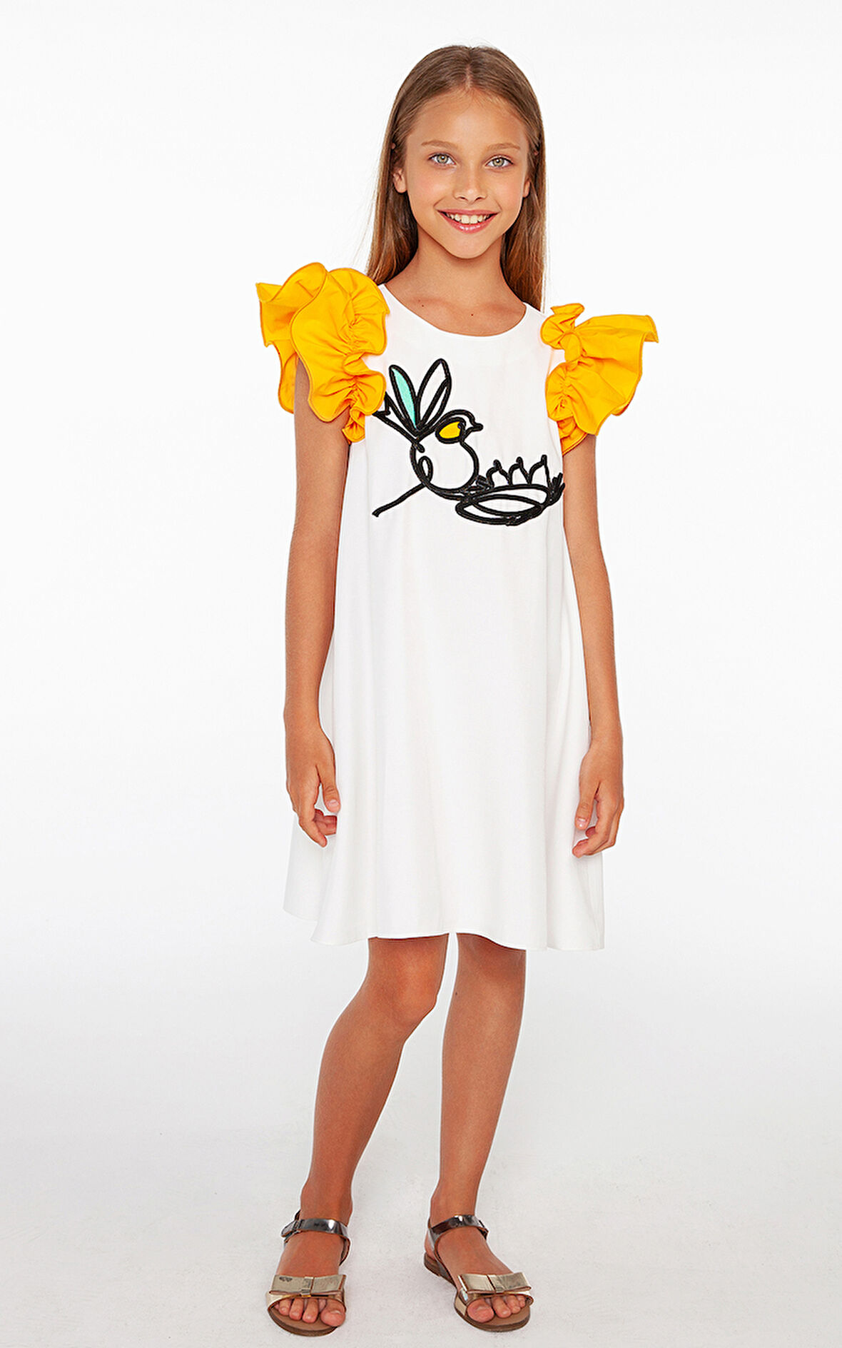 Kuş Aplike Detaylı Kız Çocuk Elbise