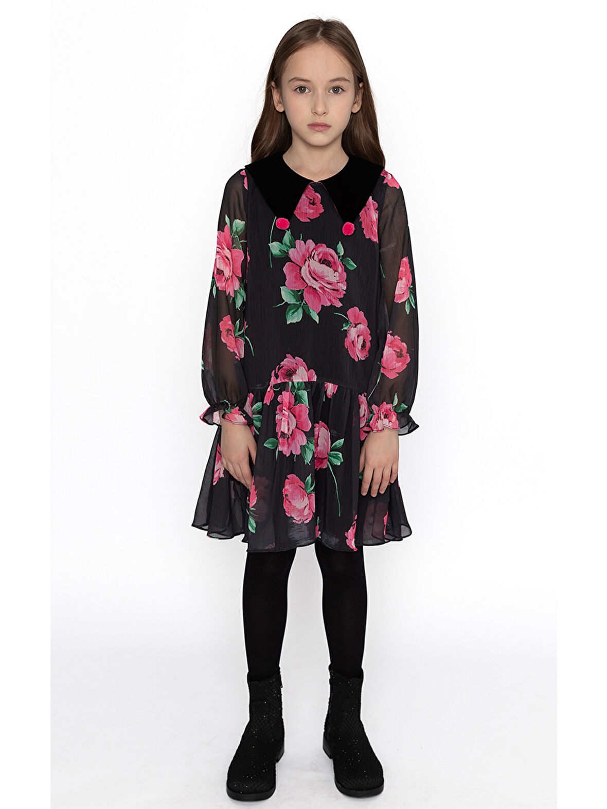 Gül Desenli Şifon Kız Çocuk Elbise