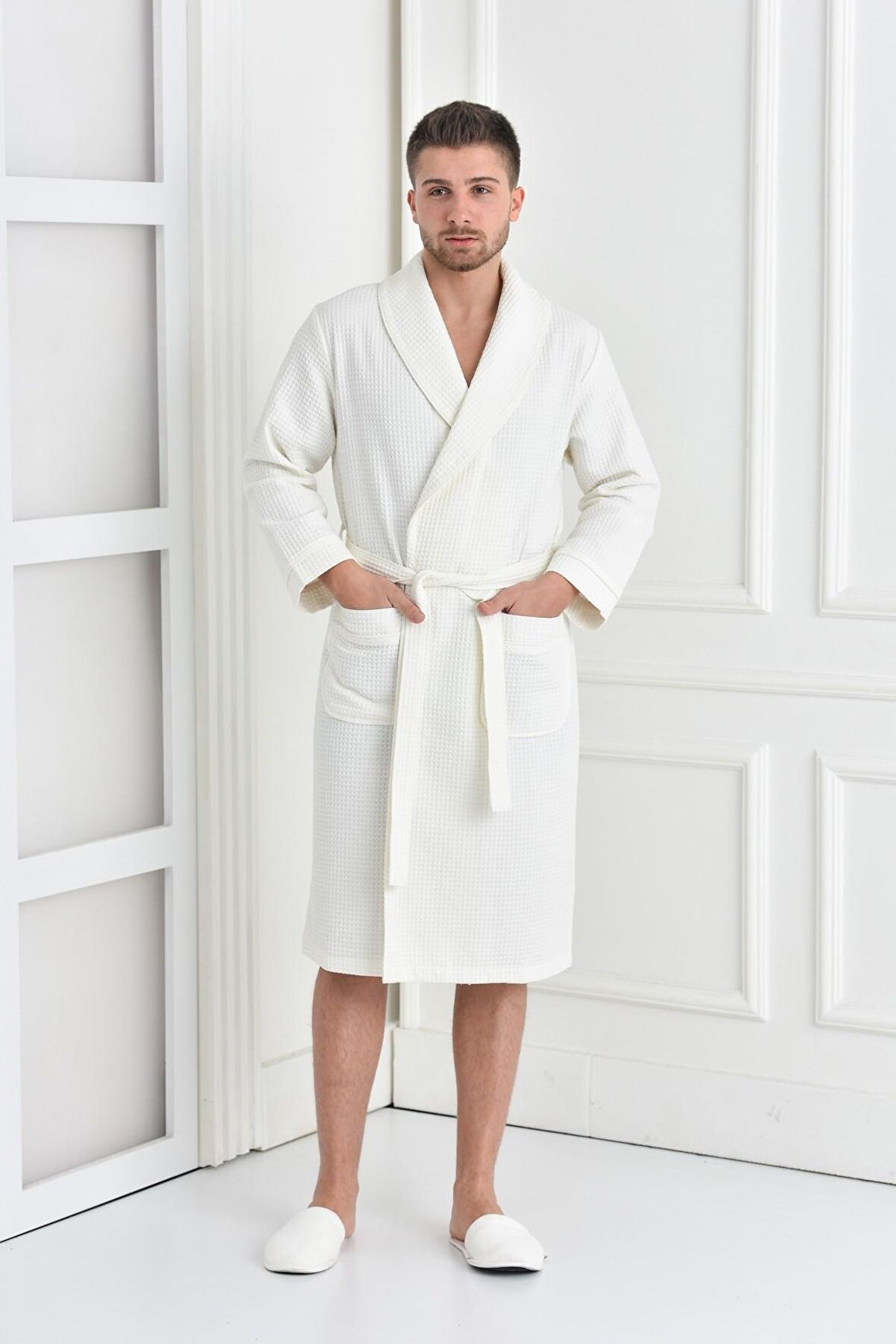 Green Black Afra Erkek Pike Bornoz %100 Pamuk Krem