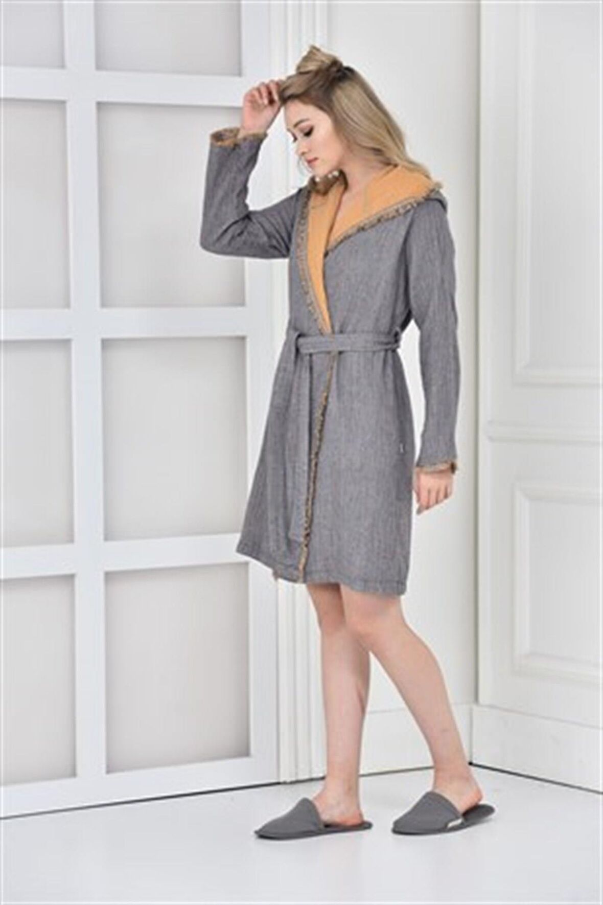 Ecocotton Muna Kadın Bornoz %100 Organik Pamuk Inject Antrasit-Safran