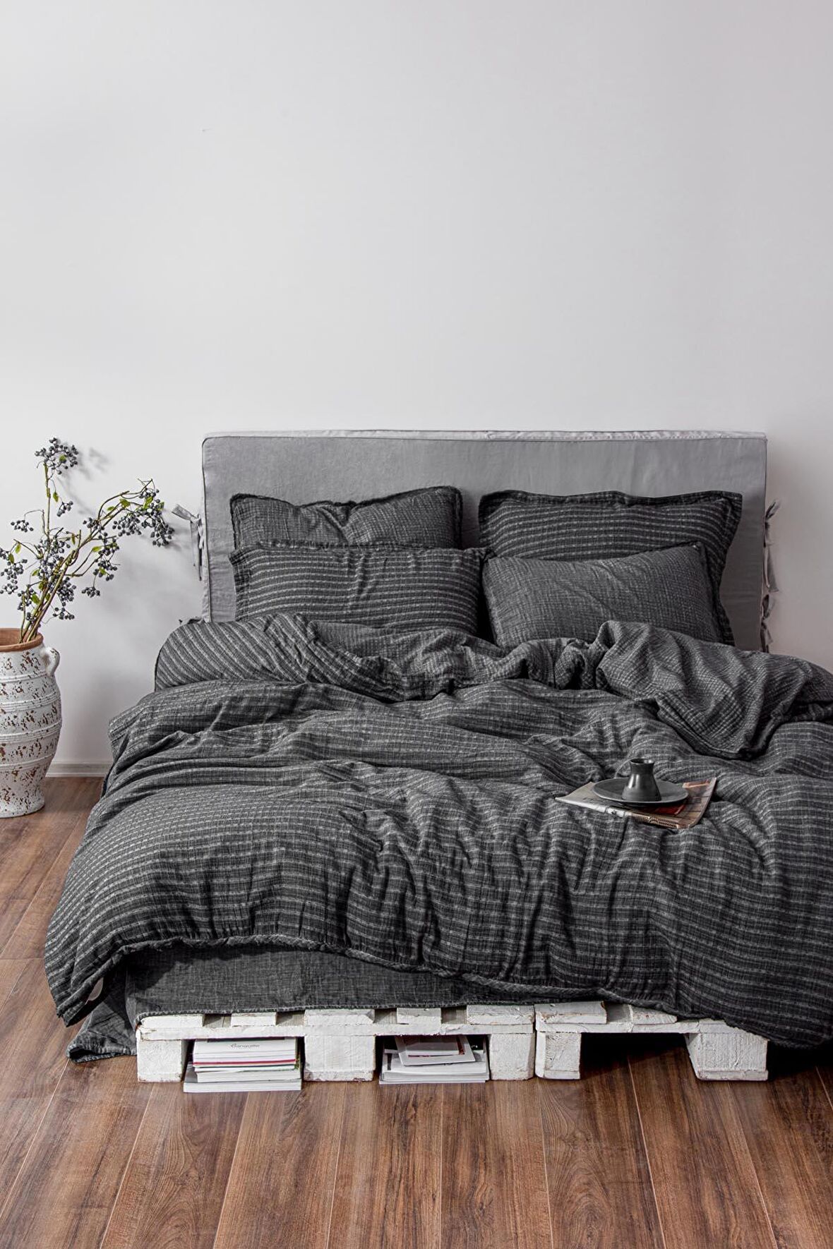 Ecocotton Tara Çift Kişilik Nevresim Takımı %100 Organik Pamuk Müslin Antrasit 200x220 Cm