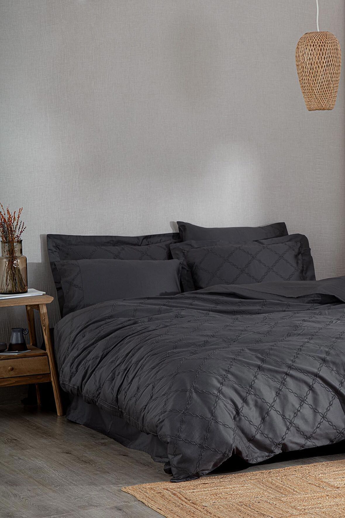  Mahfer Çift Kişilik Nevresim Takımı %100 Organik Pamuk Saten Brodeli Antrasit 200x220 Cm
