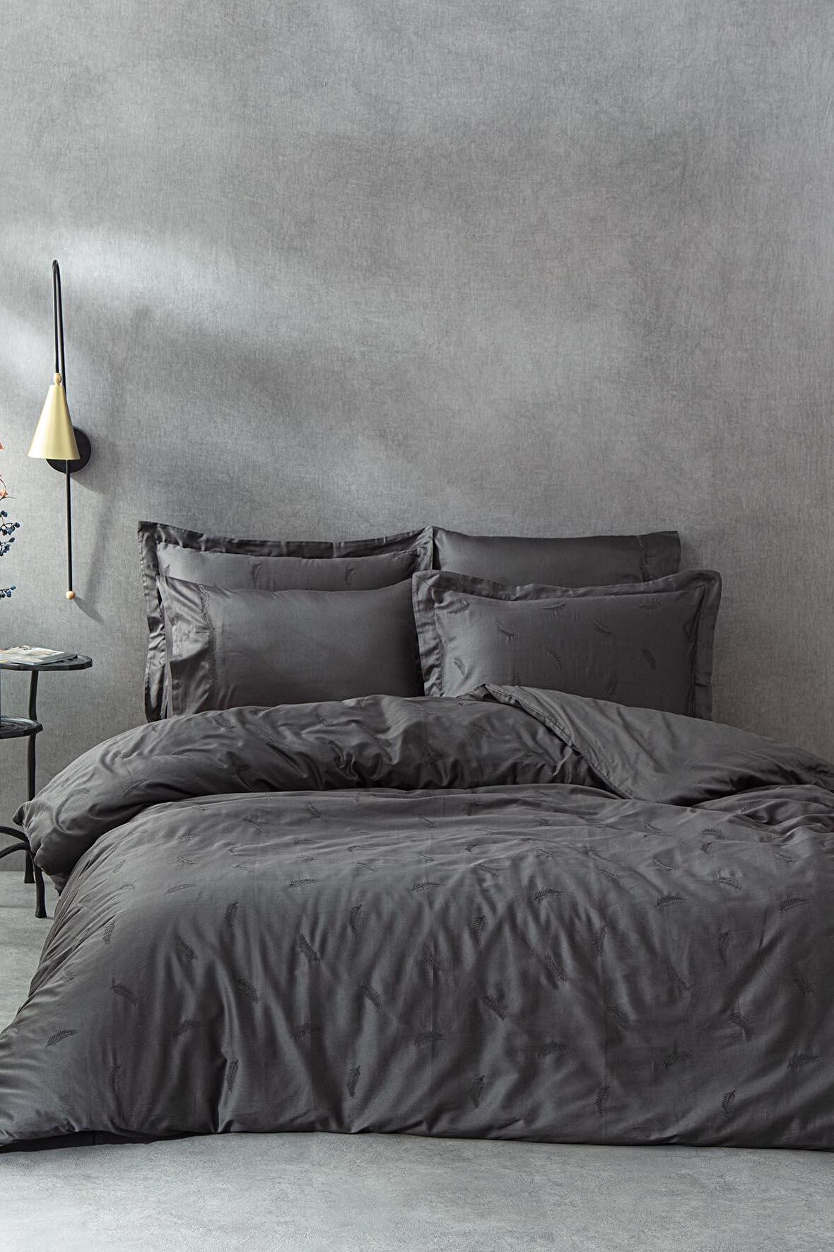 Ecocotton Güz Çift Kişilik Nevresim Takımı %100 Organik Pamuk Saten Brodeli Antrasit 200x220 Cm