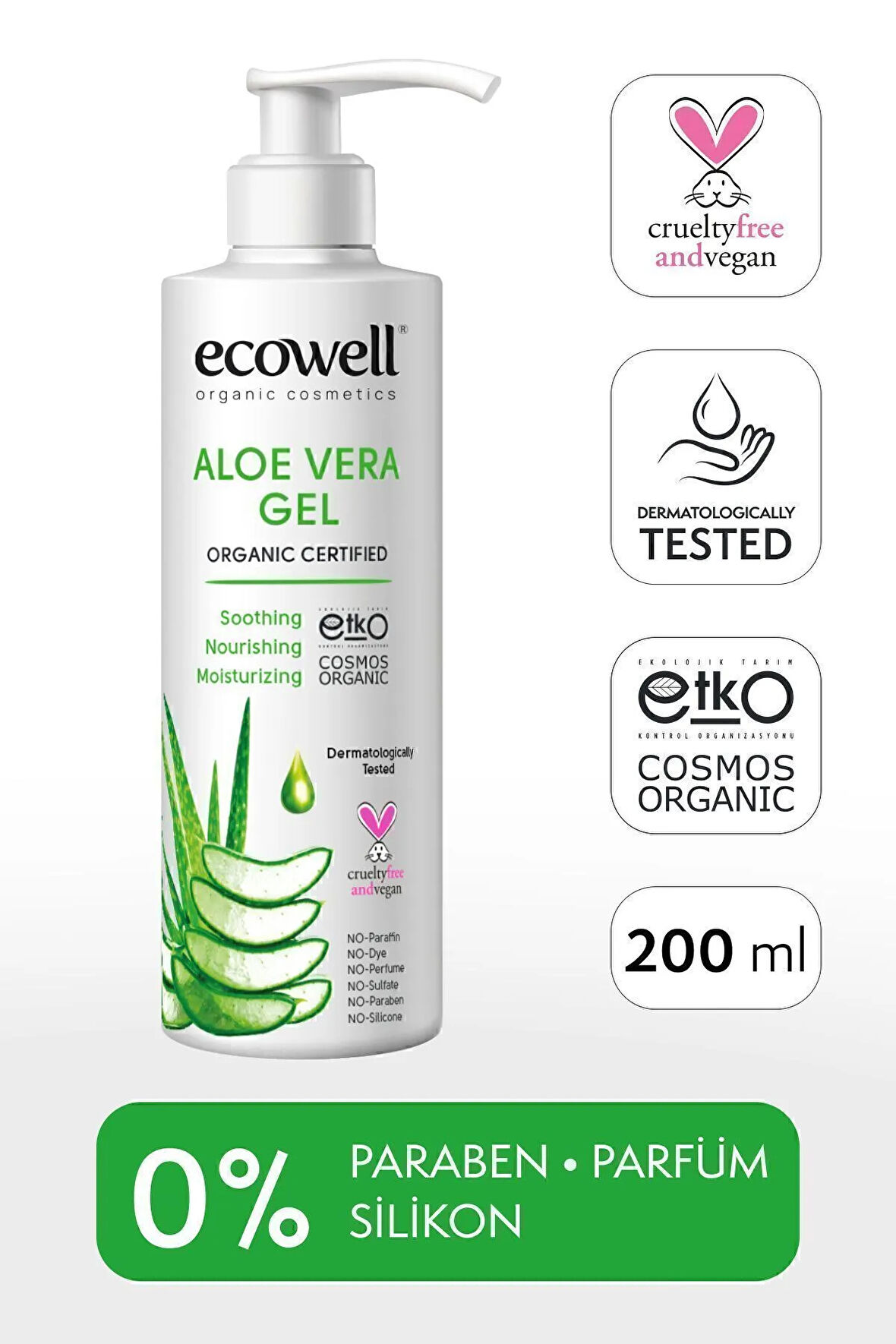 Ecowell Organik Aloe Vera Jel, Vegan Sertifikalı, Güneş Sonrası Yatıştırıcı Nemlendirici Rahatlatıcı 200ml