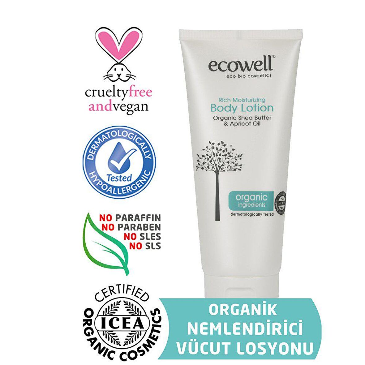 Ecowell Nemlendirici Organik-Vegan-Parabensiz Tüm Cilt Tipleri için  Vücut Kremi 200 ml 