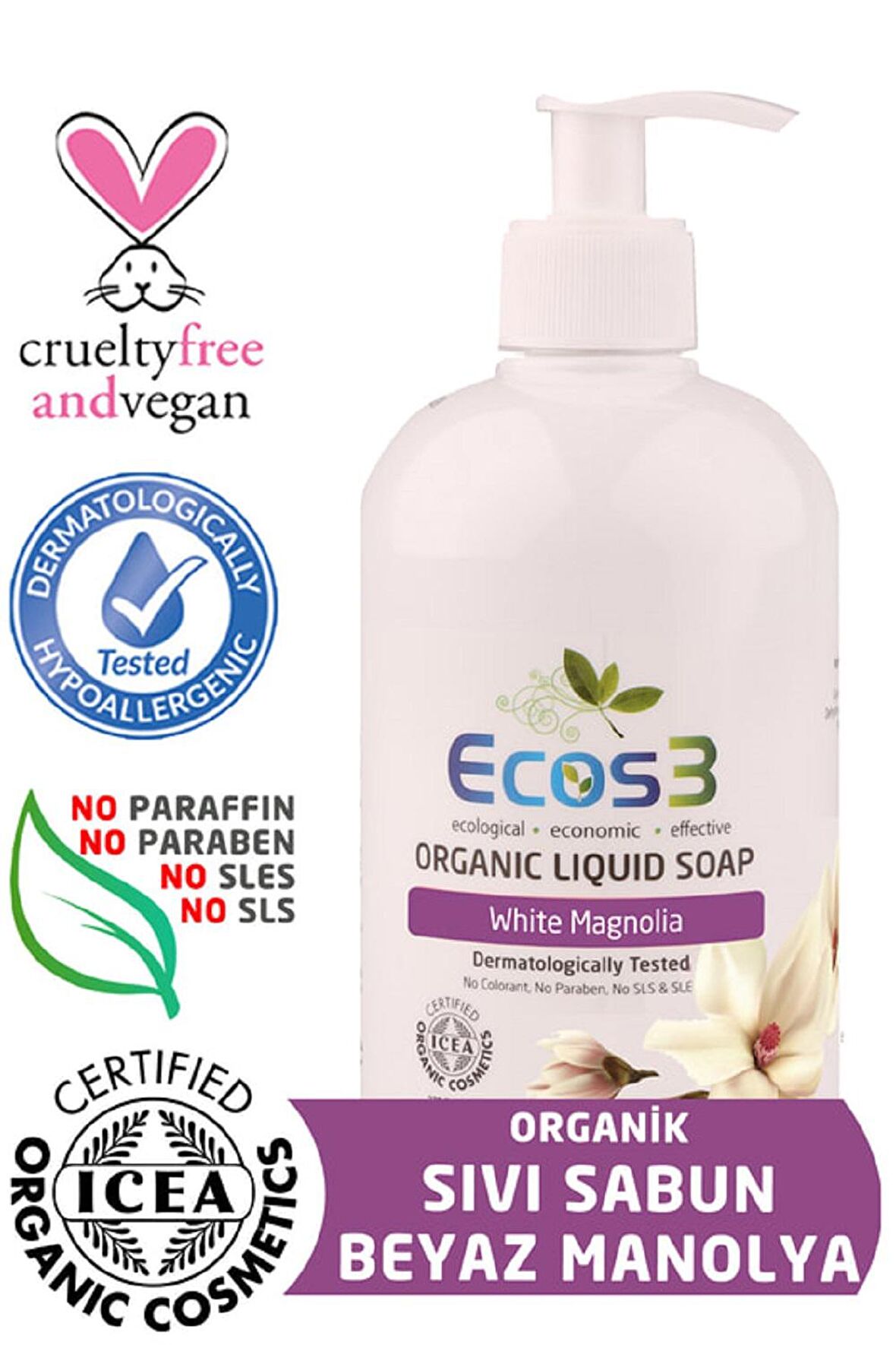 Ecos3 Organik Sıvı Sabun Beyaz Manolya (500 Ml)