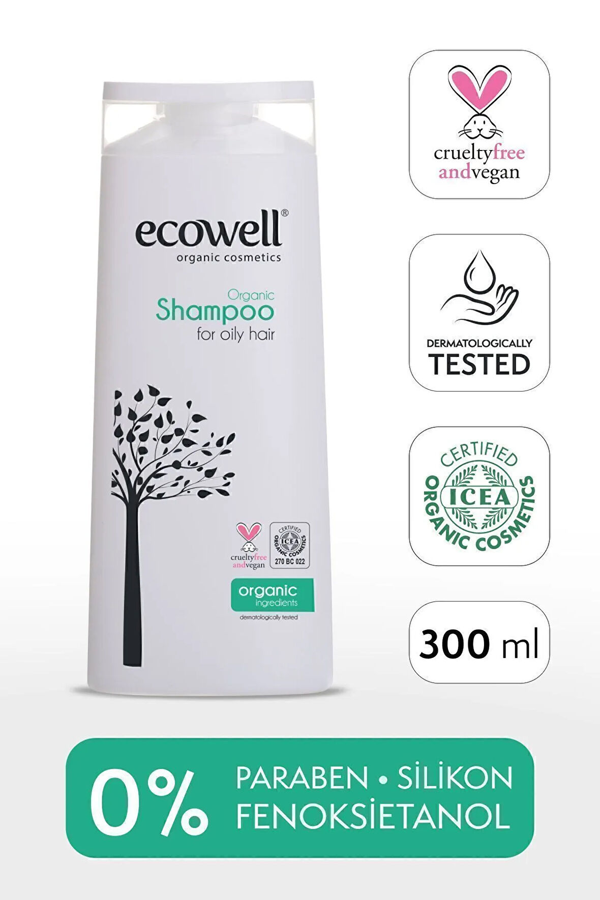 Ecowell Organik Şampuan, Vegan Sertifikalı, Yağlı Saçlara Özel, Tuzsuz Ve Sülfatsız, 300 ml