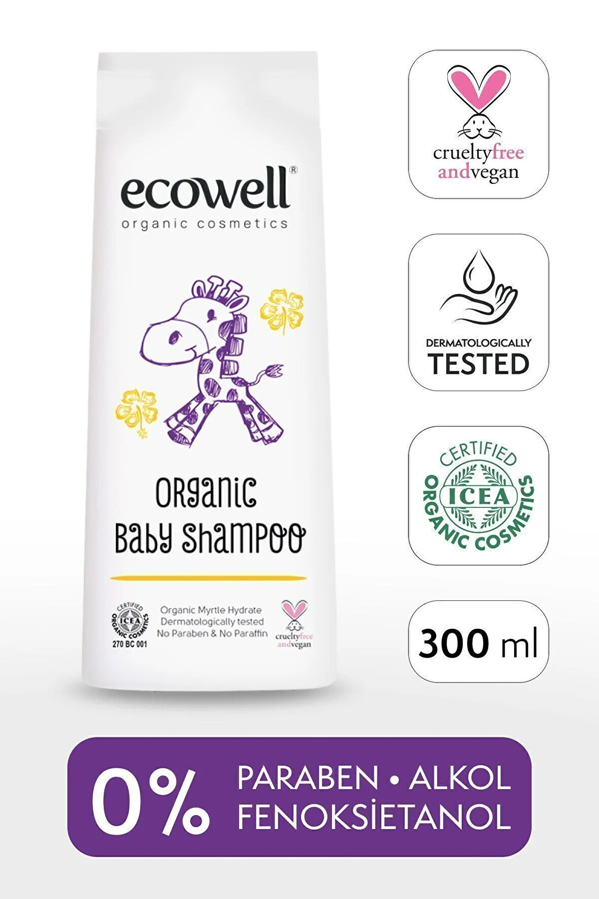 Ecowell Organik Bebek Ve Çocuk Şampuanı, Saç Ve Vücut, Vegan Sertifikalı, Parabensiz, Konak Önleyici, 300 ml