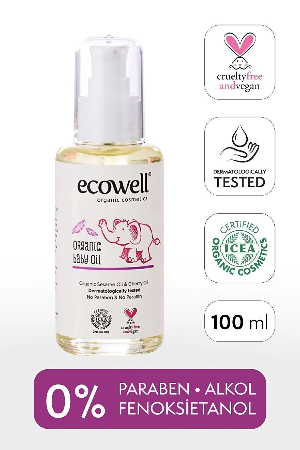 Ecowell Organik Bebek Yağı, Vegan Sertifikalı, Hipoalerjenik, Nemlendirici, Rahatlatıcı Bebe Masajı, 100ml