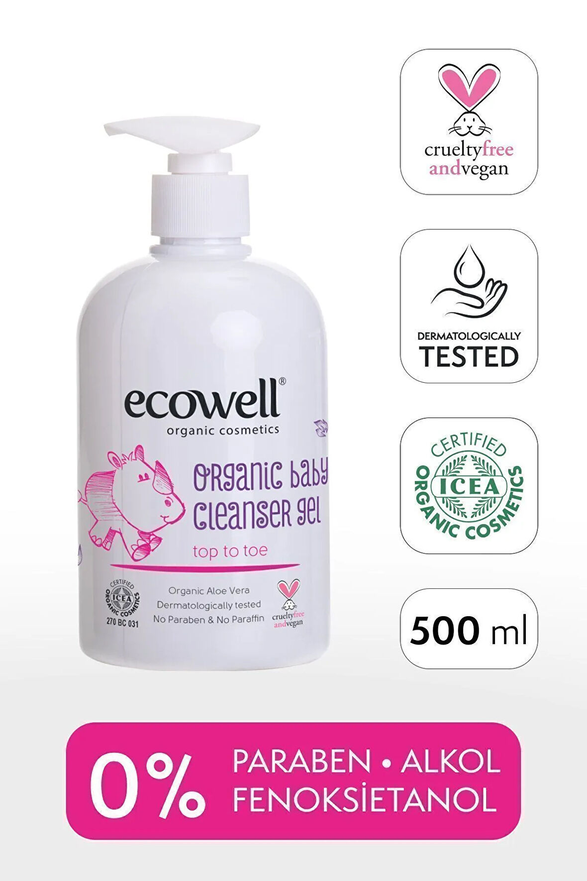 Ecowell Organik Bebek Ve Çocuk Temizleme Jeli, Vegan Sertifikalı, Şampuan, Duş Jeli Sabun Parabensiz 500ml