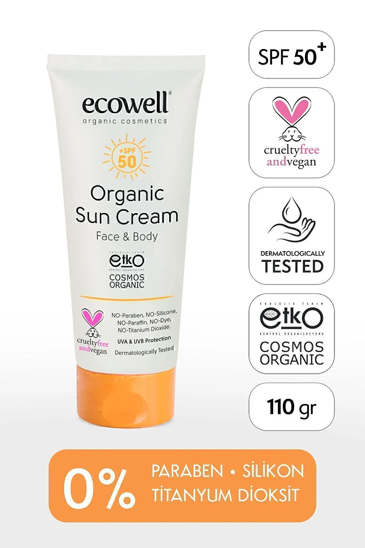 Ecowell Organik Güneş Kremi Spf 50, Vegan Sertifikalı, Mineral Filtre, Yüz Ve Vücut, Uva Uvb Koruma, 110 gr