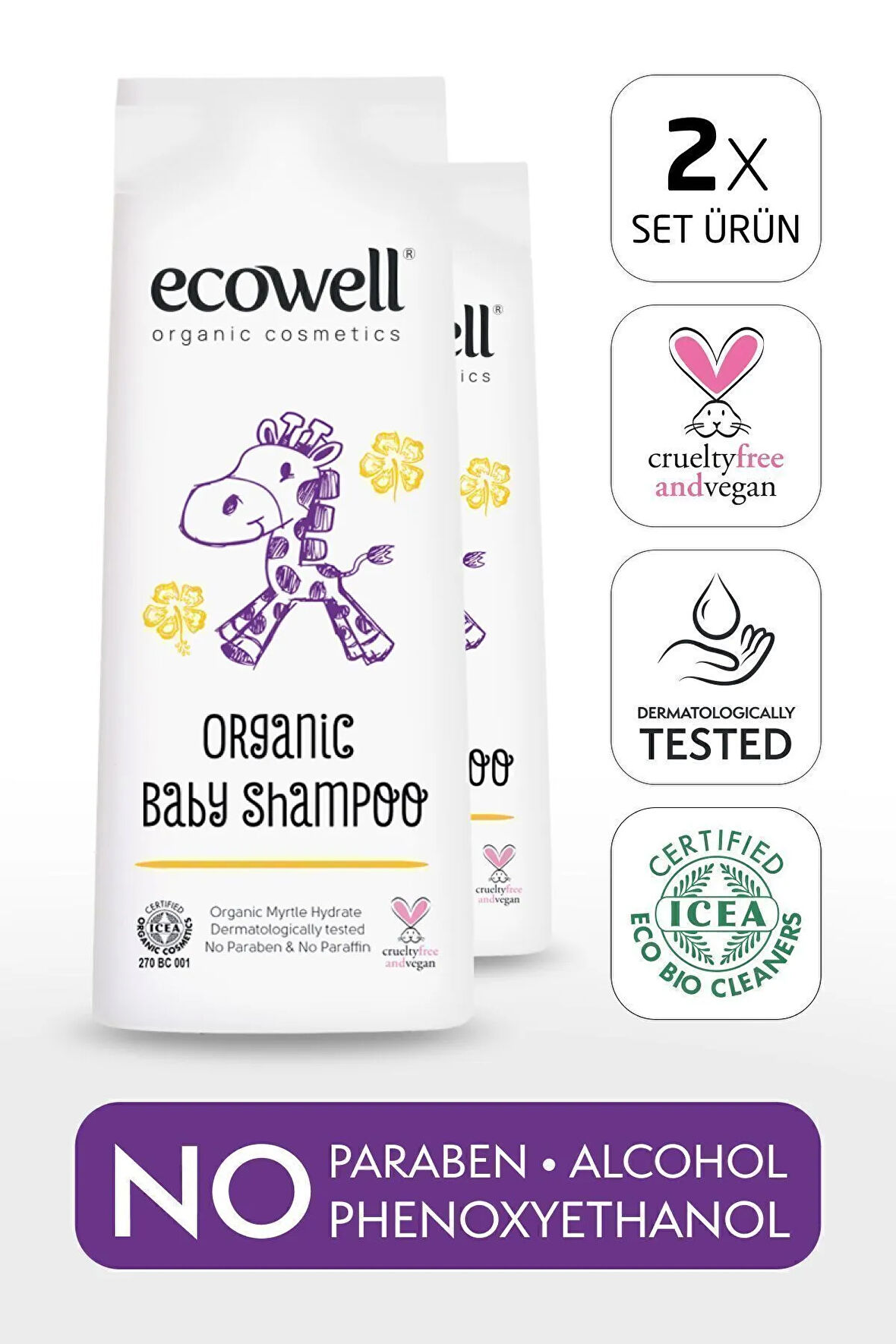 Ecowell Bebek Saç & Vücut Şampuanı Set, Organik & Vegan Sertifikalı, Parabensiz Doğal Konak Önleyici 2x300ml