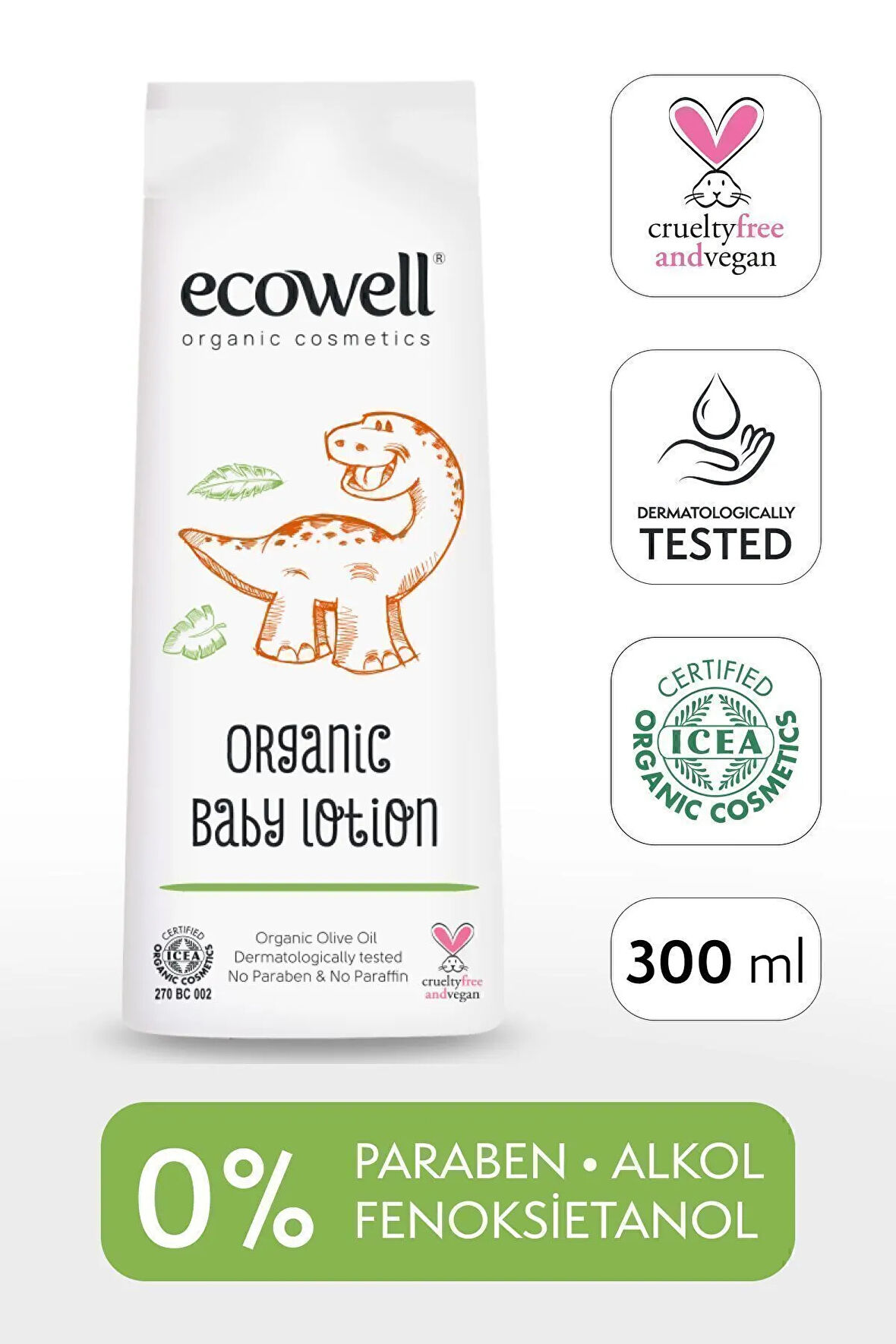 Ecowell Organik Bebek Losyonu, Yüz Ve Vücut, Vegan Sertifikalı, Doğal Nemlendirici Bebe Kremi, 300 ml