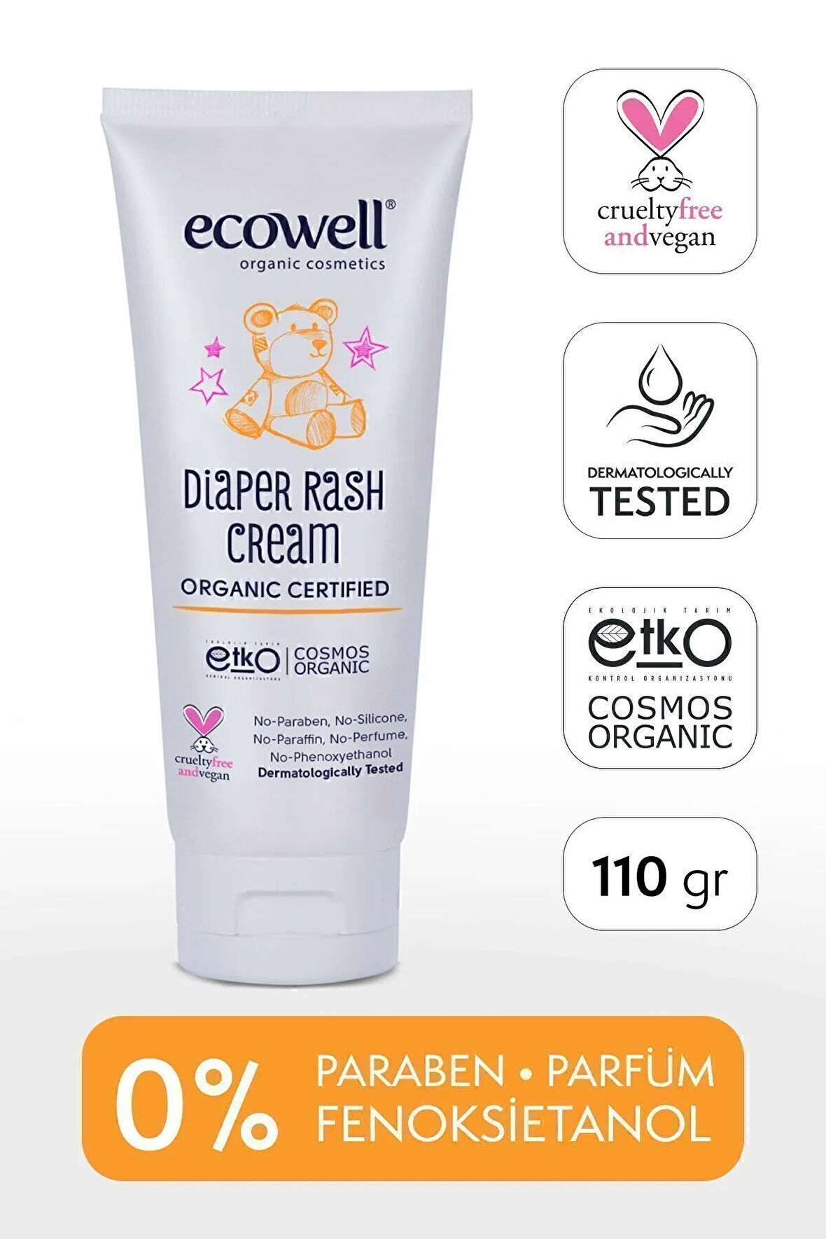 Ecowell Organik Pişik Kremi, Vegan Sertifikalı, Yenidoğan Çinko Krem, Nemlendirici, Tahriş Önleyici 110gr