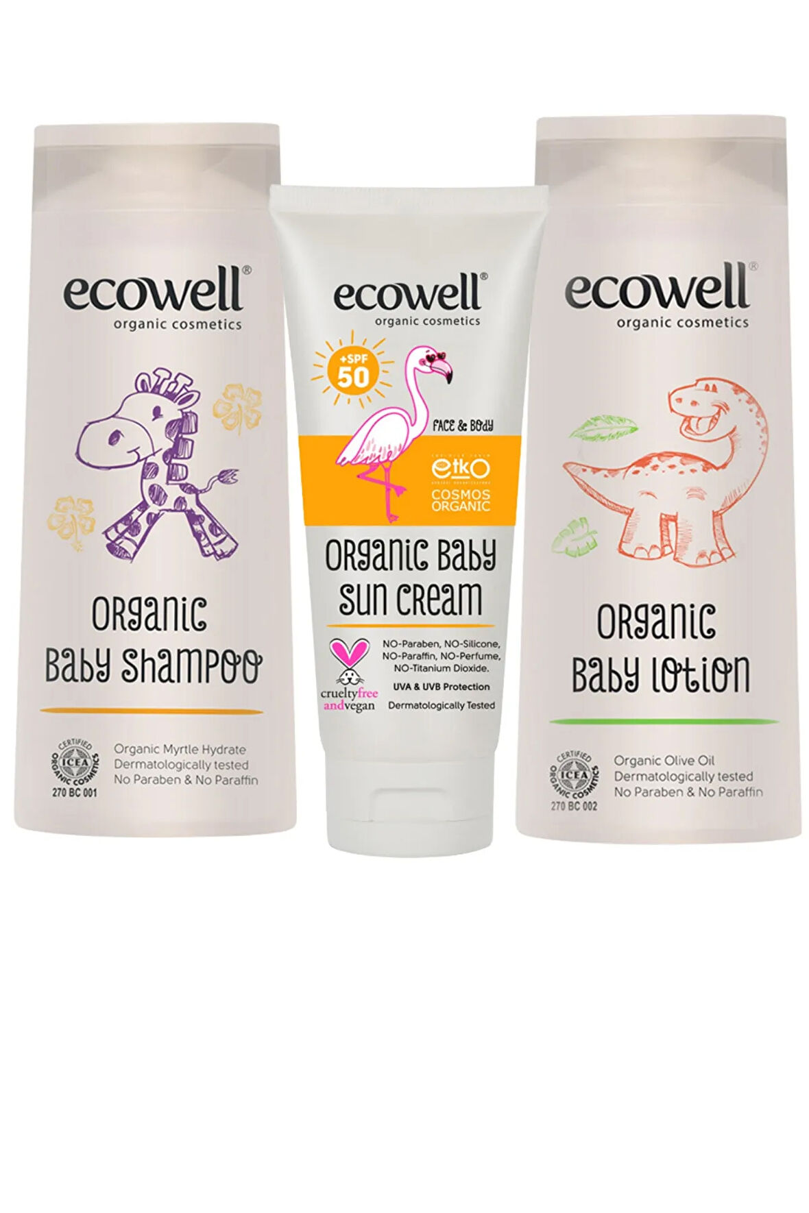 Ecowell Organik Bebek Tatilde Paketi (Bebe Şampuanı 300 ml + Bebek Güneş Kremi  110 gr. + Bebe Losyonu 300 ml.)