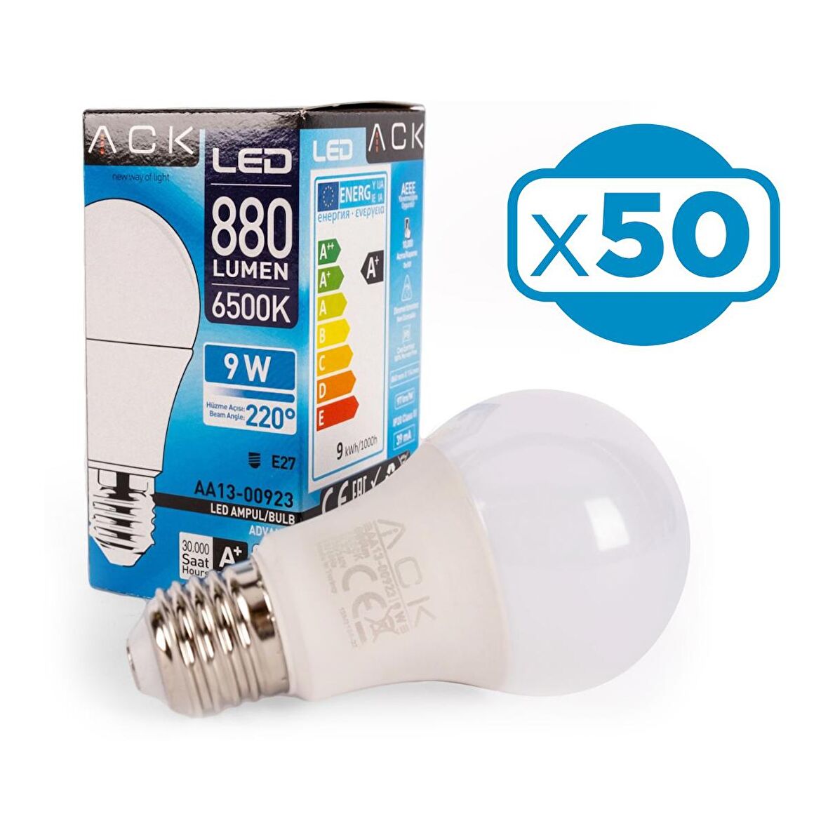 Ack 9w A60 Ampul 6500k Beyaz Işık 220v E27 x 50 Adet