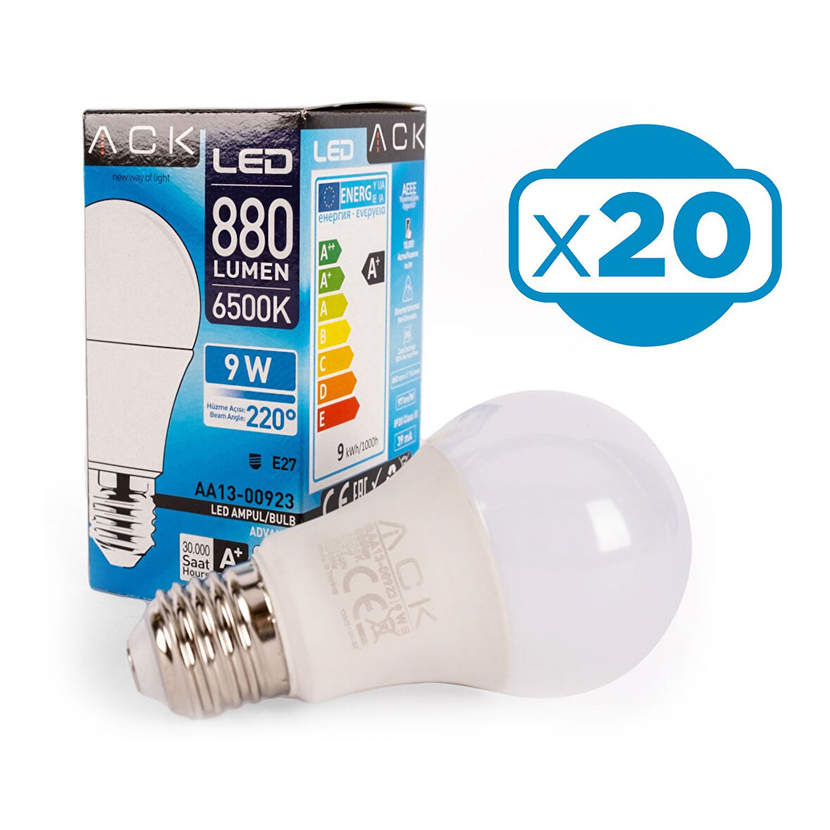 Ack 9w A60 Ampul 6500k Beyaz Işık 220v E27 x 20 Adet