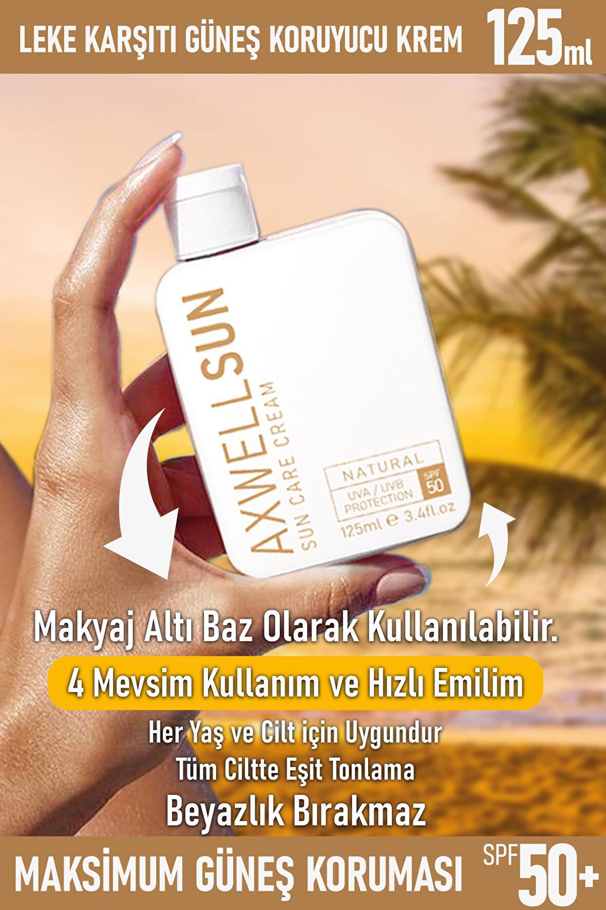 Axwell Sun 50+ Faktör Fondoten Etkili Tüm Cilt Tipleri İçin Renksiz Yüz Güneş Koruyucu Krem 125 ml + Cacao Tannig Bronzlaştırıcı Yağ 125 ml