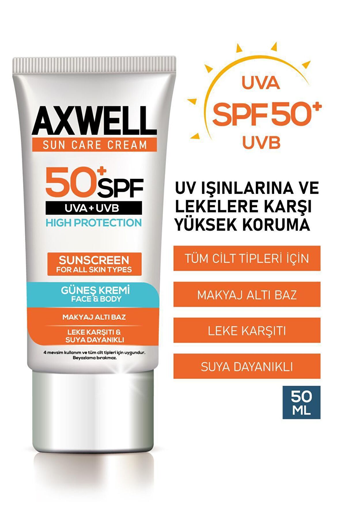 Axwell Sun Care 50+ Faktör Leke Karşıtı Tüm Cilt Tipleri İçin Renksiz Yüz Güneş Koruyucu Krem 50 ml