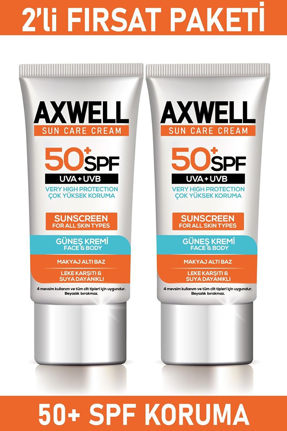 Axwell Sun Care 50+ Faktör Leke Karşıtı Tüm Cilt Tipleri İçin Renksiz Yüz Güneş Koruyucu Krem 2x50 ml