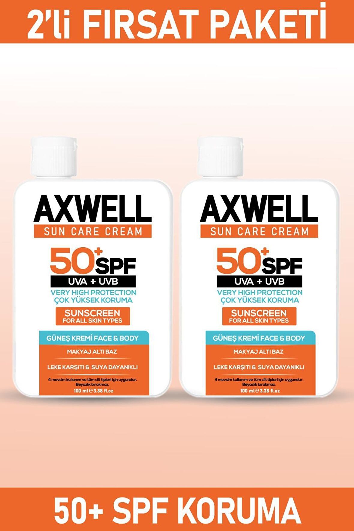 Axwell Sun Care 50+ Faktör Leke Karşıtı Tüm Cilt Tipleri İçin Renksiz Yüz Güneş Koruyucu Krem 2x100 ml