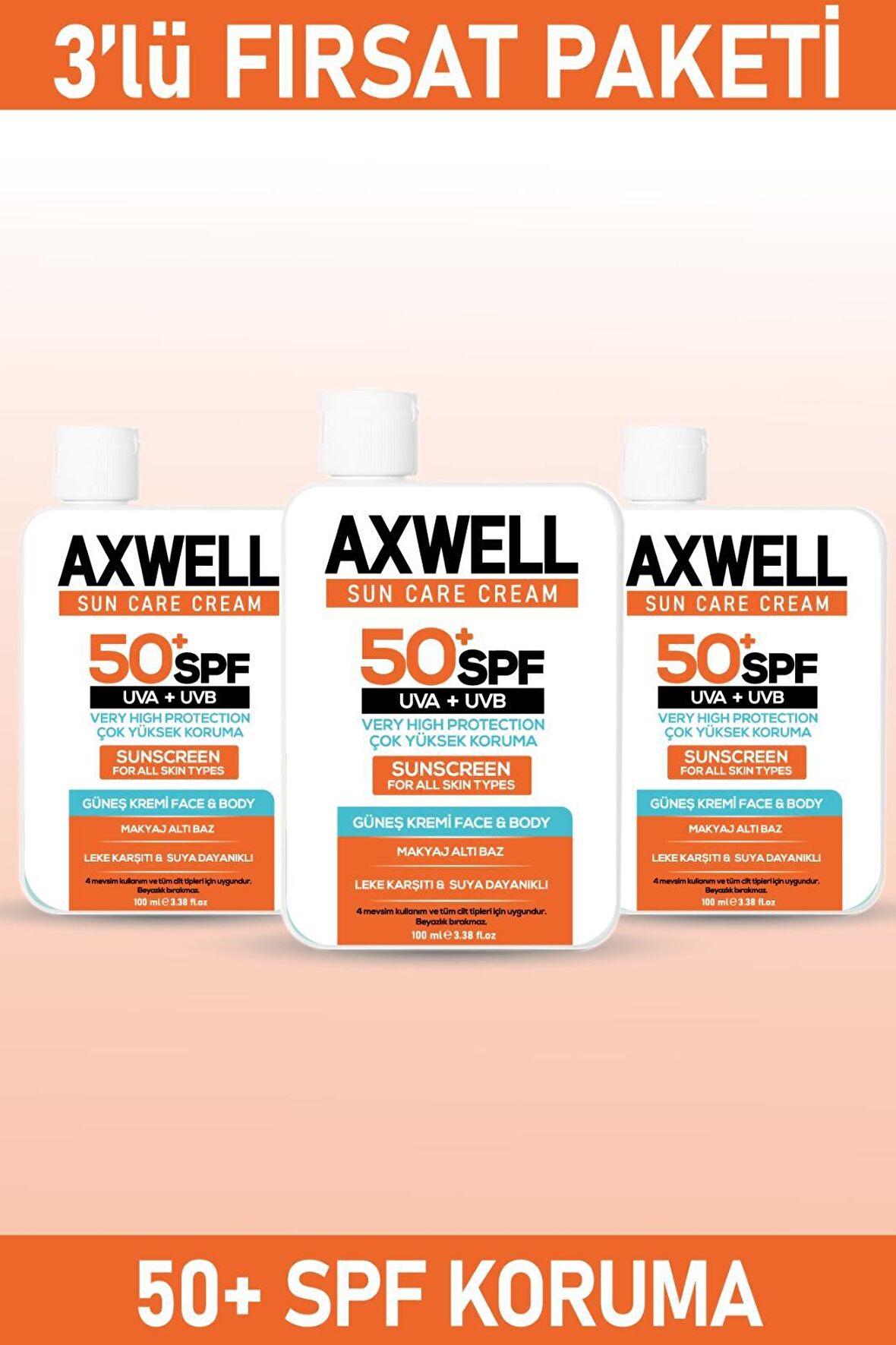 Axwell Sun Care 50+ Faktör Leke Karşıtı Tüm Cilt Tipleri İçin Renksiz Yüz Güneş Koruyucu Krem 3x100 ml