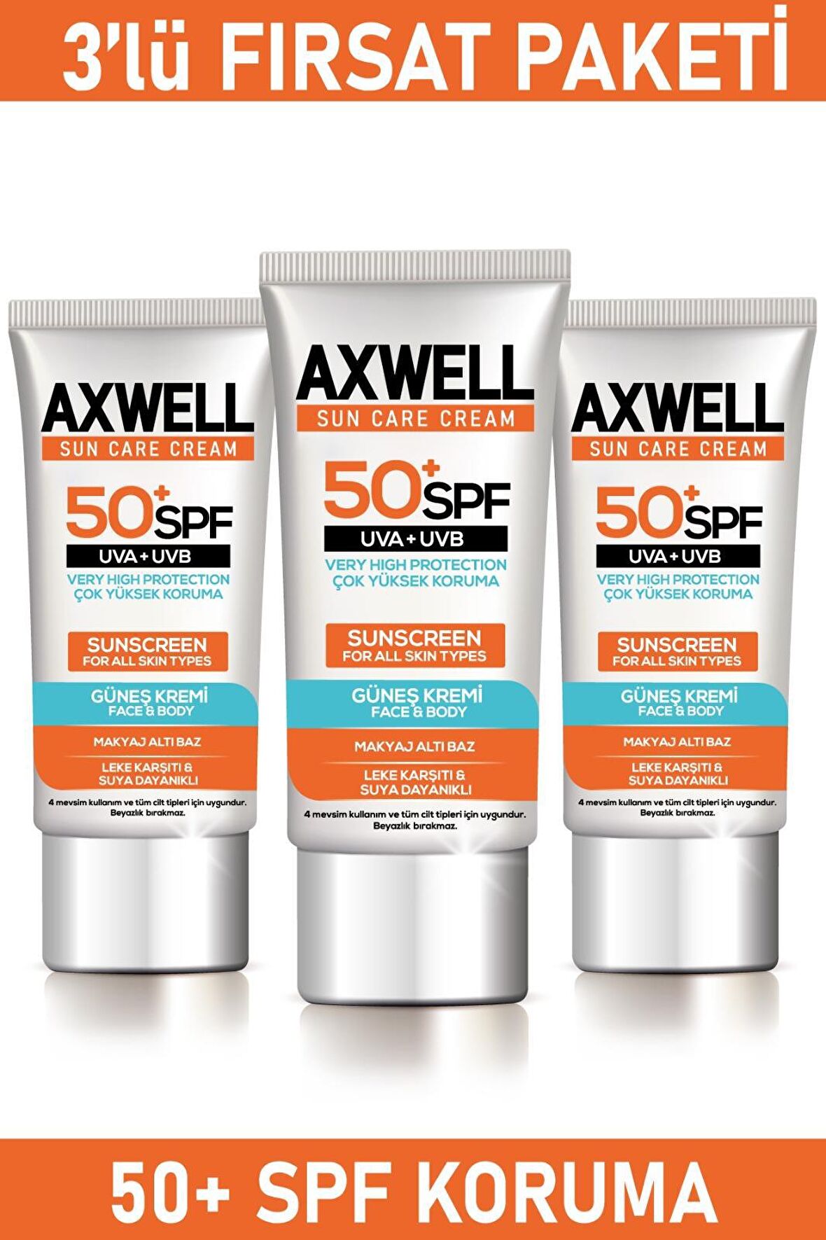 Axwell Sun Care 50+ Faktör Leke Karşıtı Tüm Cilt Tipleri İçin Renksiz Yüz Güneş Koruyucu Krem 3x50 ml