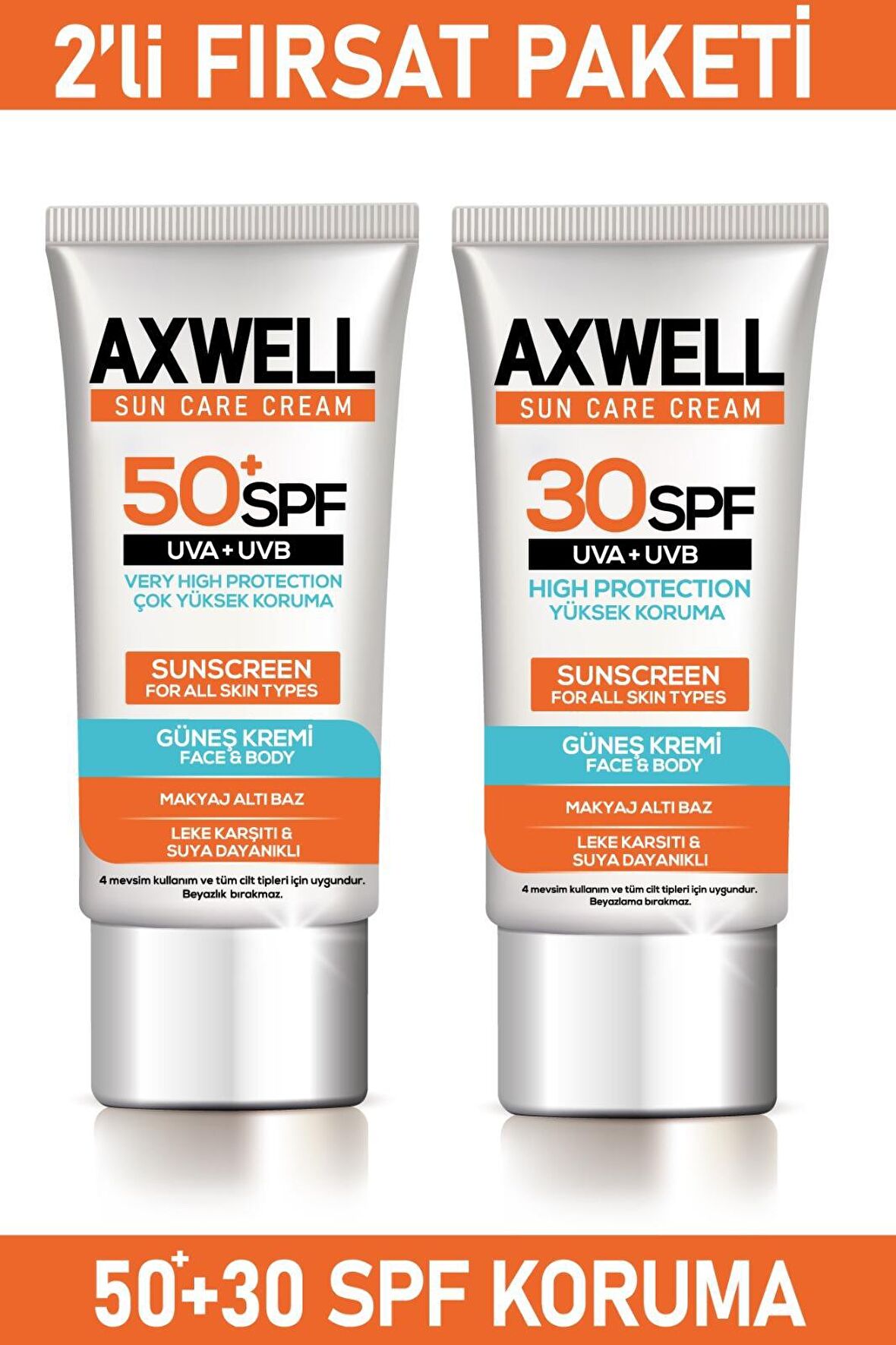 Axwell Sun Care 50+ Faktör ve 30 Faktör Leke Karşıtı Tüm Cilt Tipleri İçin Renksiz Yüz Güneş Koruyucu Krem 2x50 ml