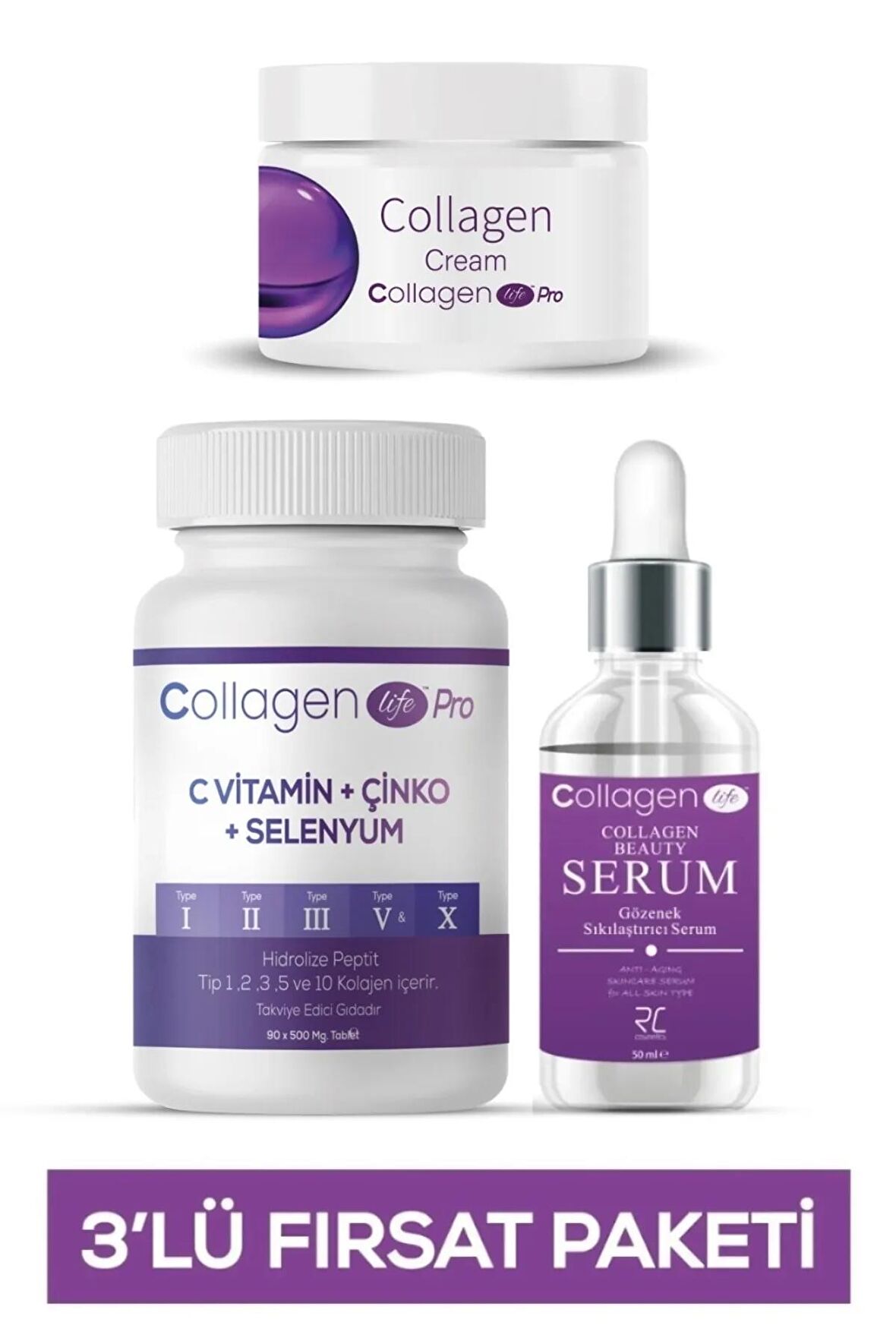 5 Tip Kolajen Tablet + Kolajen Krem + Kolajen Serum 3 Lü Fırsat Seti