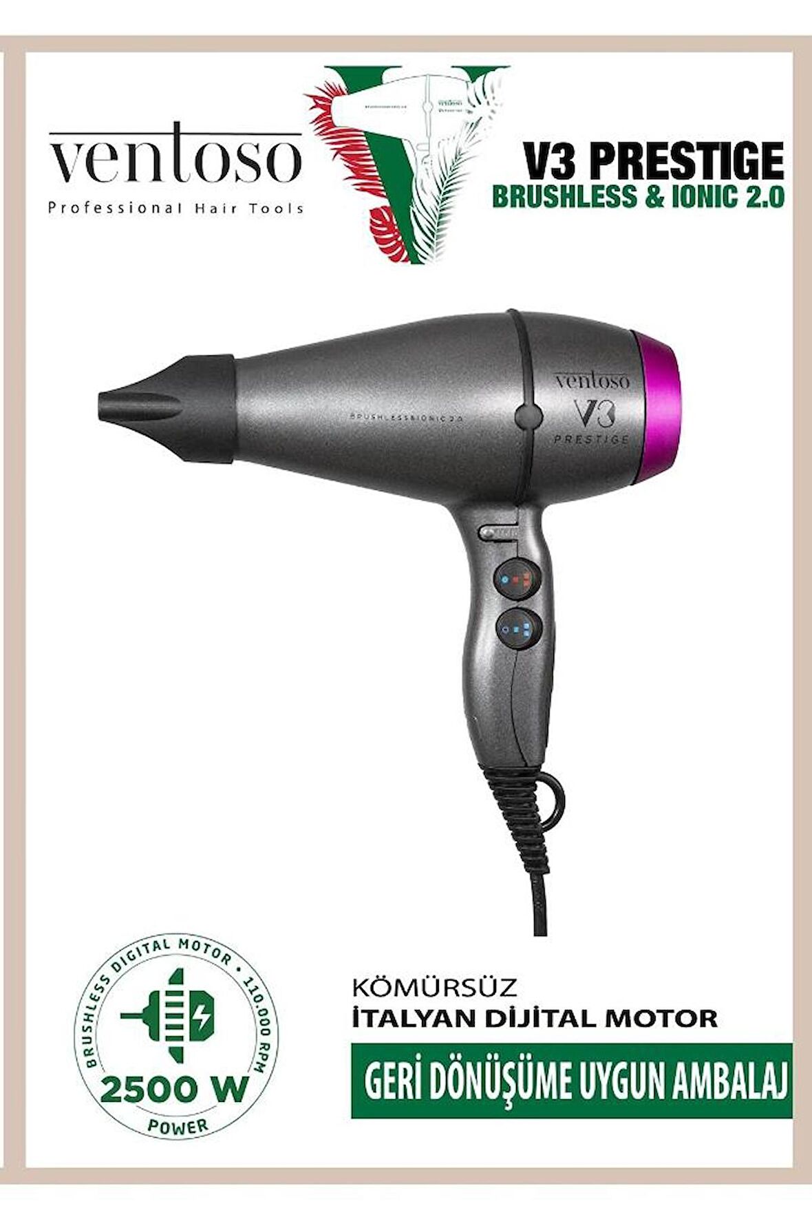 Ventoso V3 Prestige Brushless & Ionic 2.0 2500w Profesyonel Fön Makinesi Anatolıan Fuschıa PRESTIGE