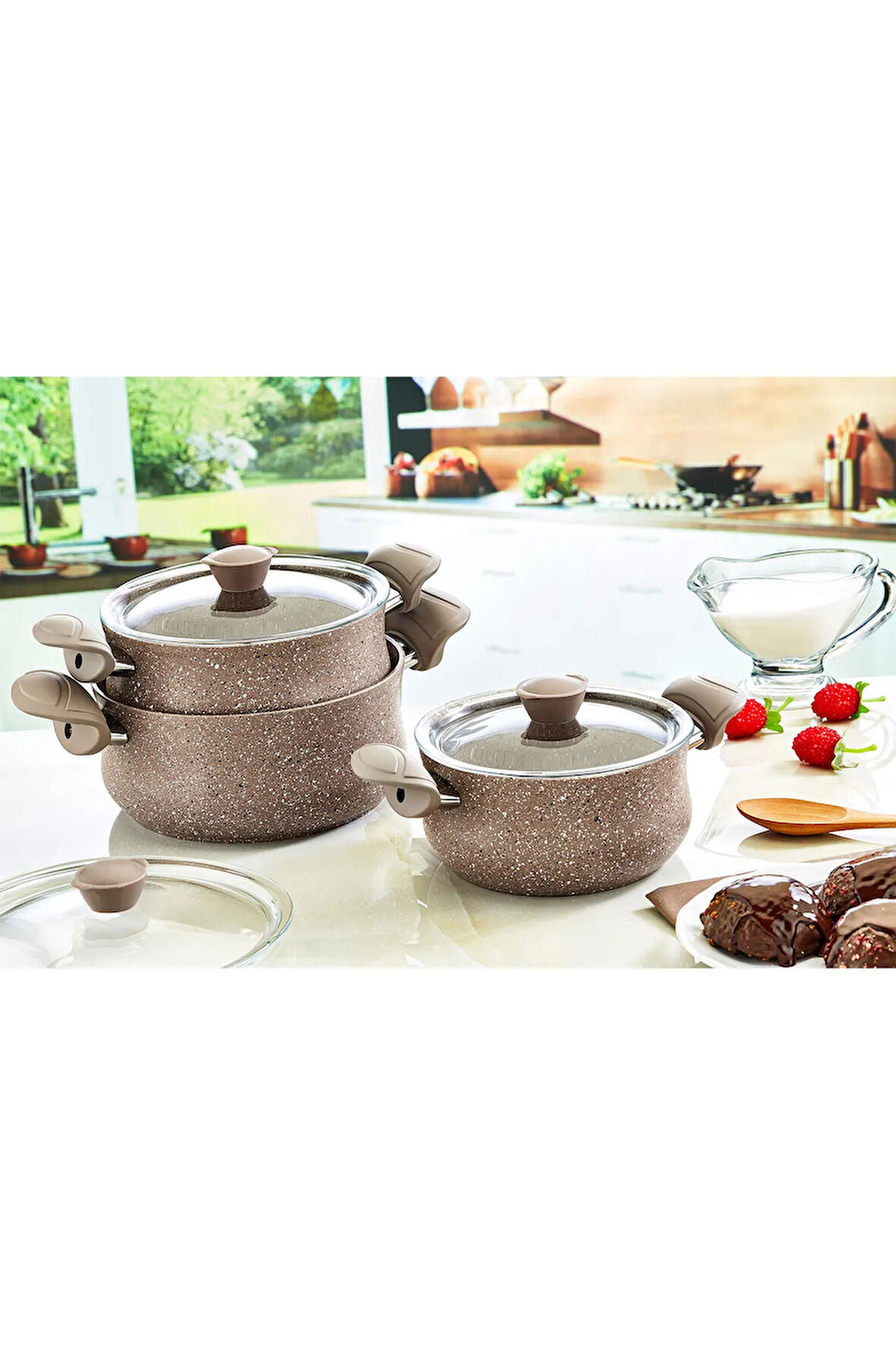 3027 - 6 Parça Biogranit Ergonomik Güveç Seti, Sütlü Kahve Rengi Gövde  Sütlü Kahve Rengi Detay