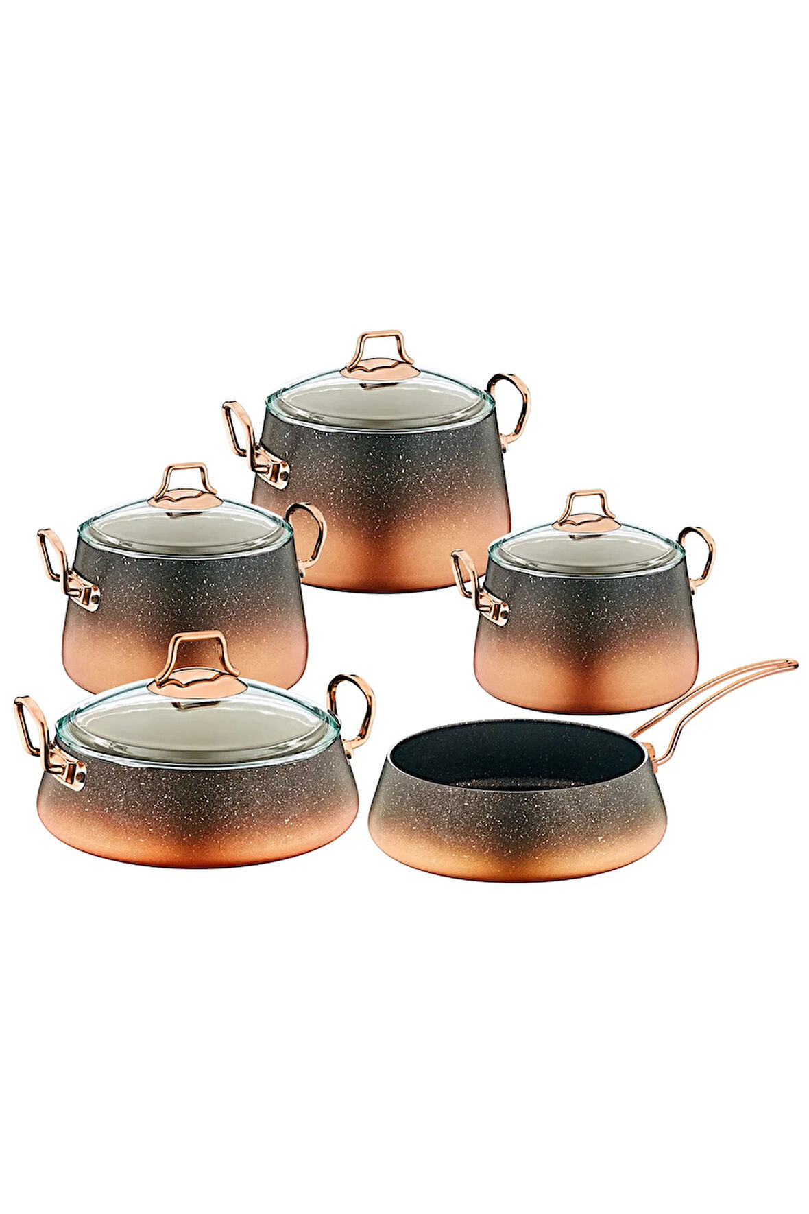 3042 - KEOPS - 9 Parça, İndüksiyonlu Ocak Uyumlu, Biogranit, Tencere Tava Çeyiz Seti Bakır Renk