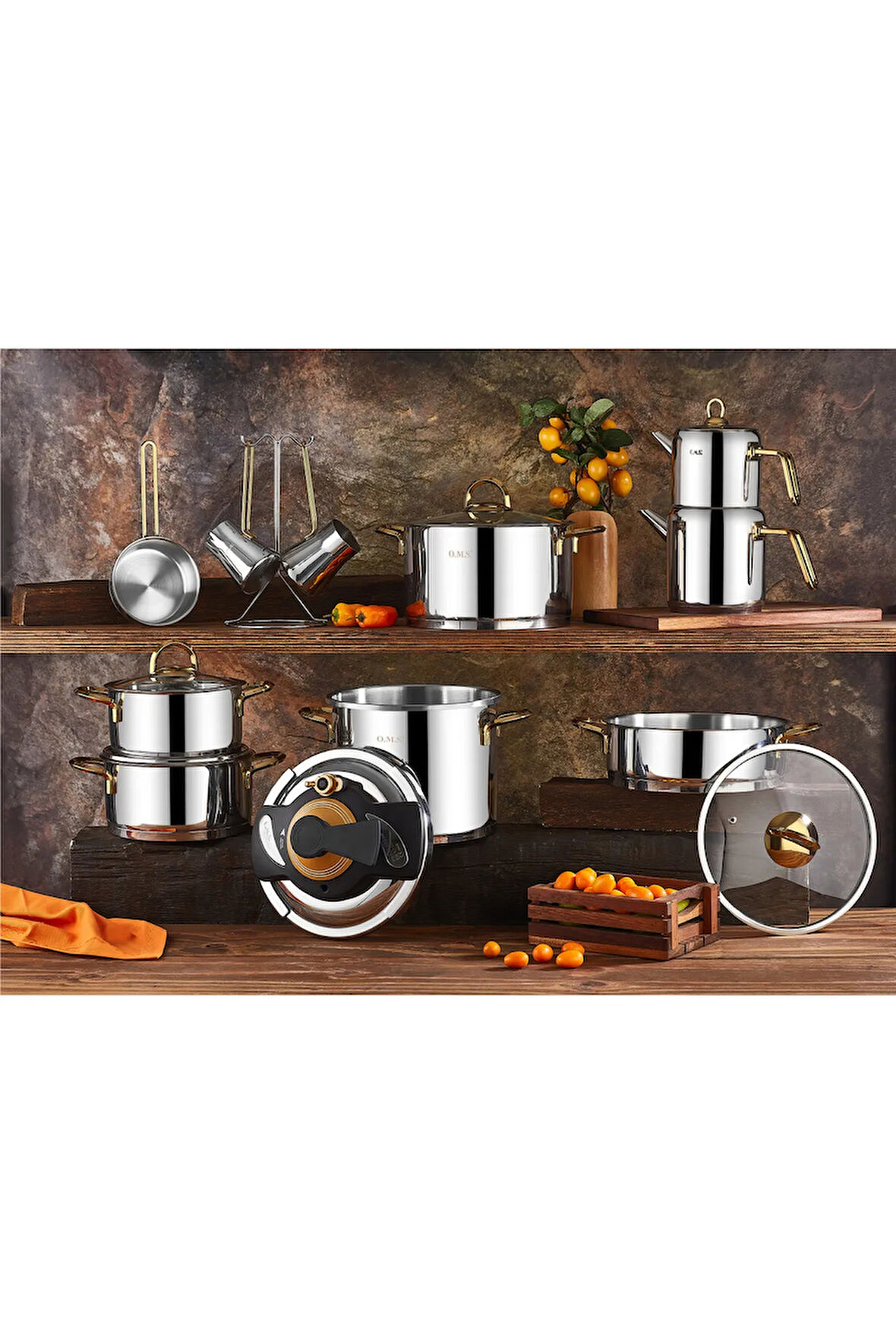 1087 ( B ) - 18 Parça, İndüksiyonlu, Çelik Çeyiz Seti, Gümüş Gövde, Bakır Detay