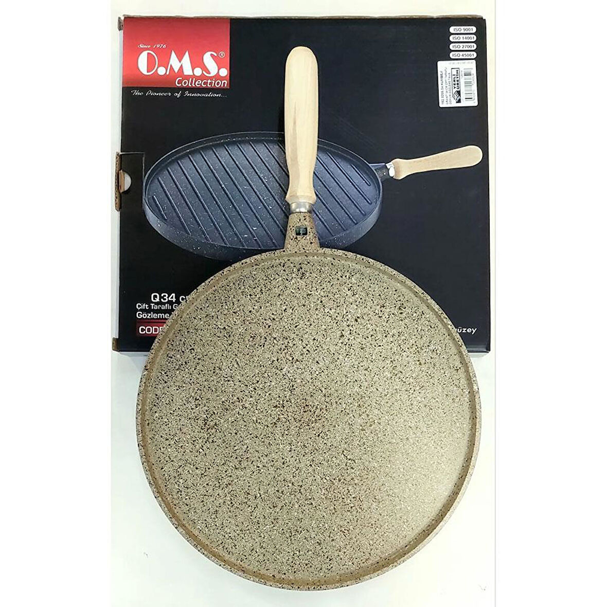 OMS 3285 Döküm Granit Yuvarlak Çift Taraflı 34 cm Gözleme Tavası Kumbeji