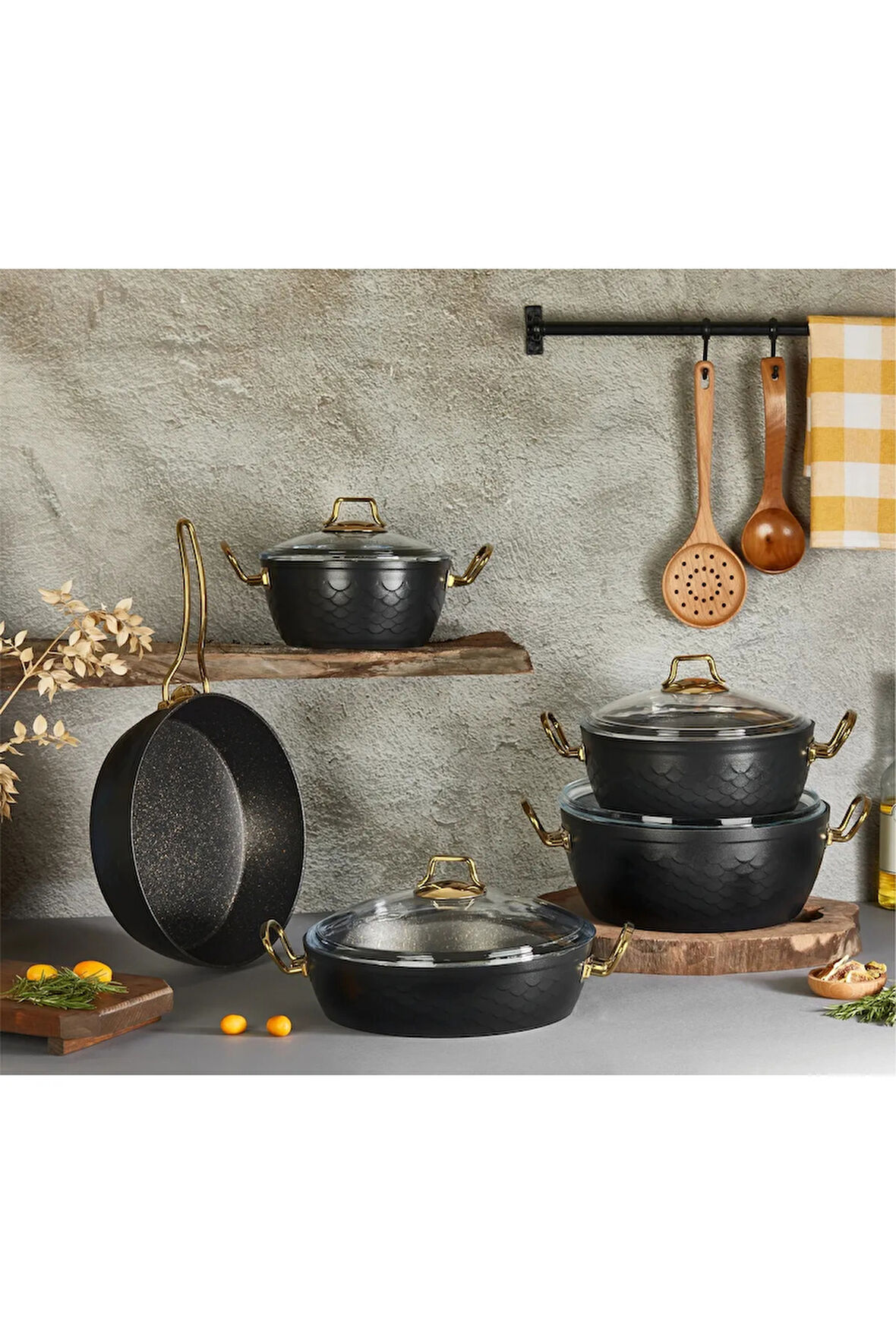 3543 - MERMAID SETS - 9 Parça, Biogranit, Geniş Taban, Tencere Seti Siyah Gövde, Gold Detay