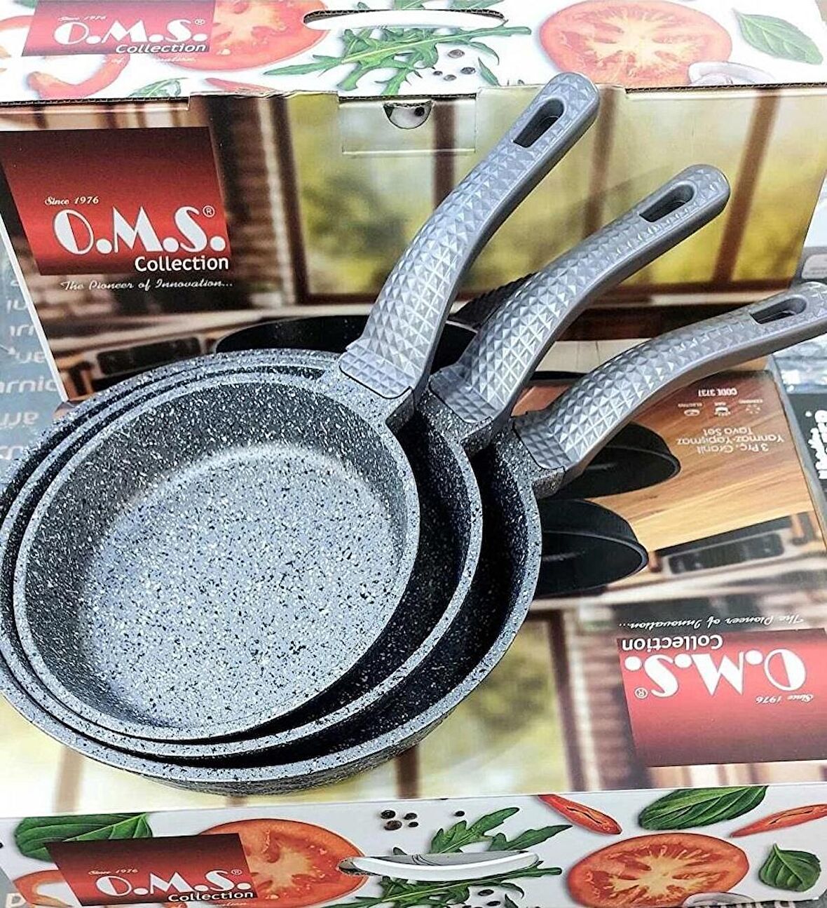 OMS 3737 Fry Pan Döküm Granit 3 Parça Tava Seti Gri (20-24-28 cm)