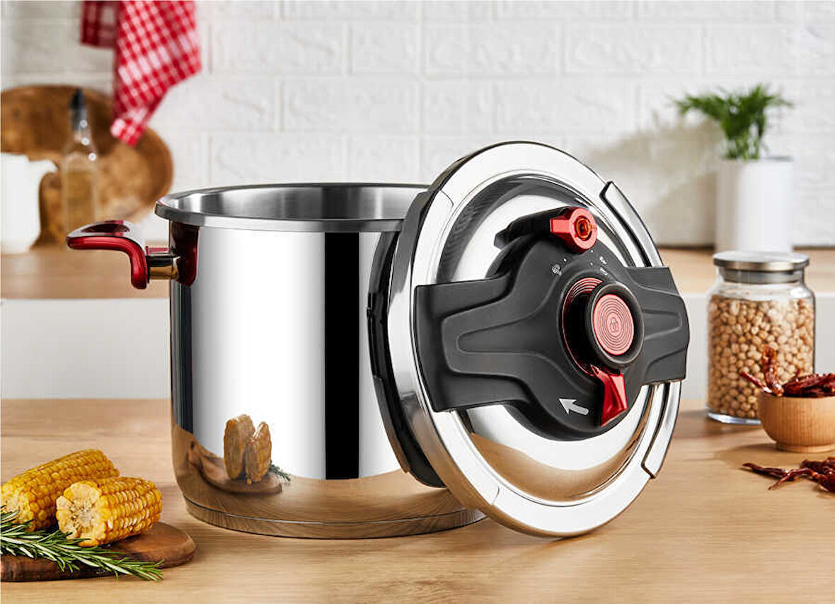 5106 - 2 Parça, İndüksiyonlu, Matik, 26 Cm - 12 Litre Düdüklü Tencere Gümüş - Kırmızı Renk