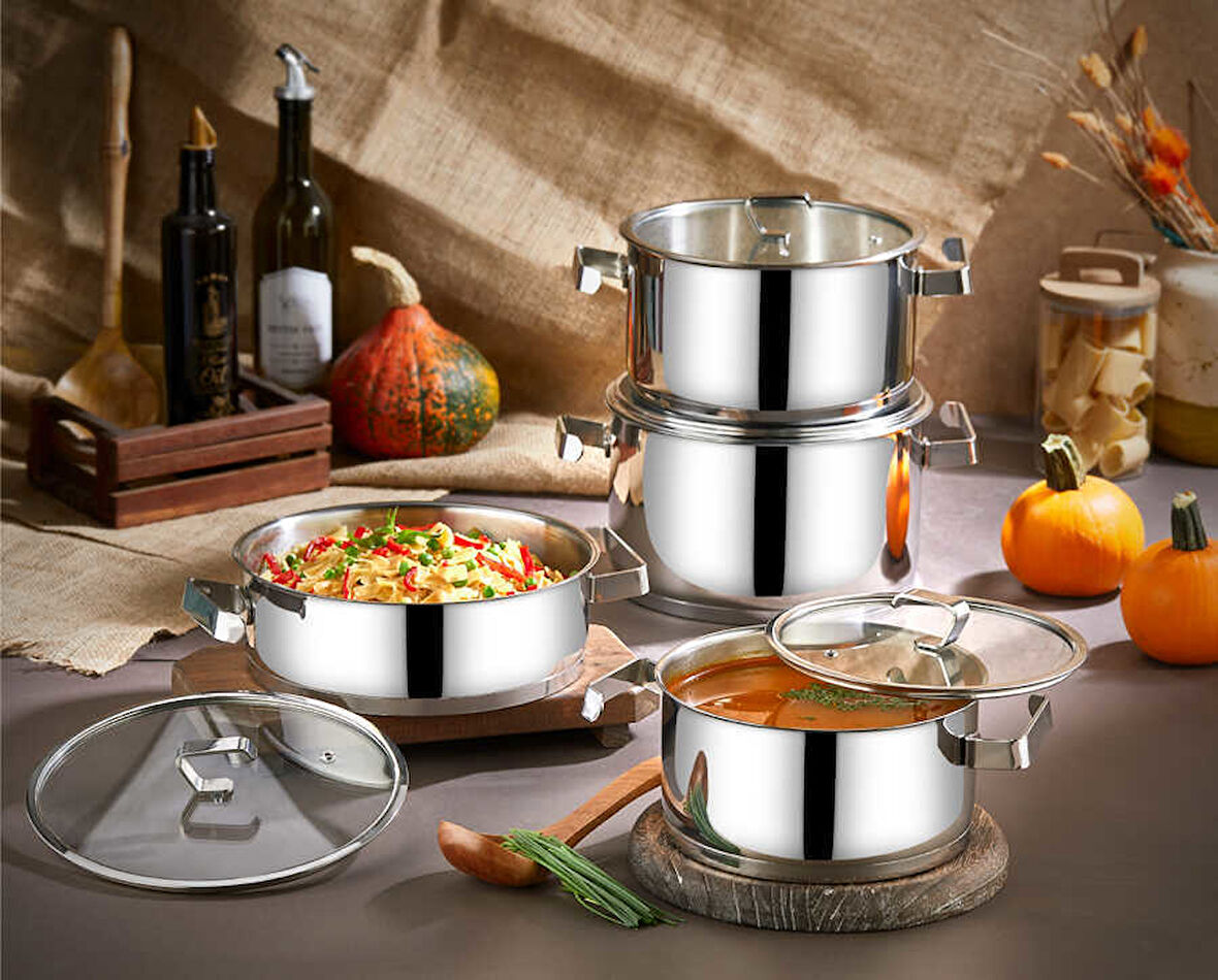 1141 - 8 Parça, İndüksiyonlu, 1. Sınıf Paslanmaz Çelik, Tencere Seti, Gümüş Gövde, Gold Detay
