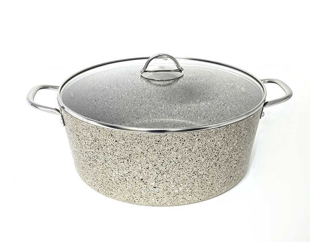 3109 - 2 Parça - Biogranit, 34x13,5 Cm - 11 Litre, Büyük, Derin Tencere Kum Beji Gövde, Platin Detay