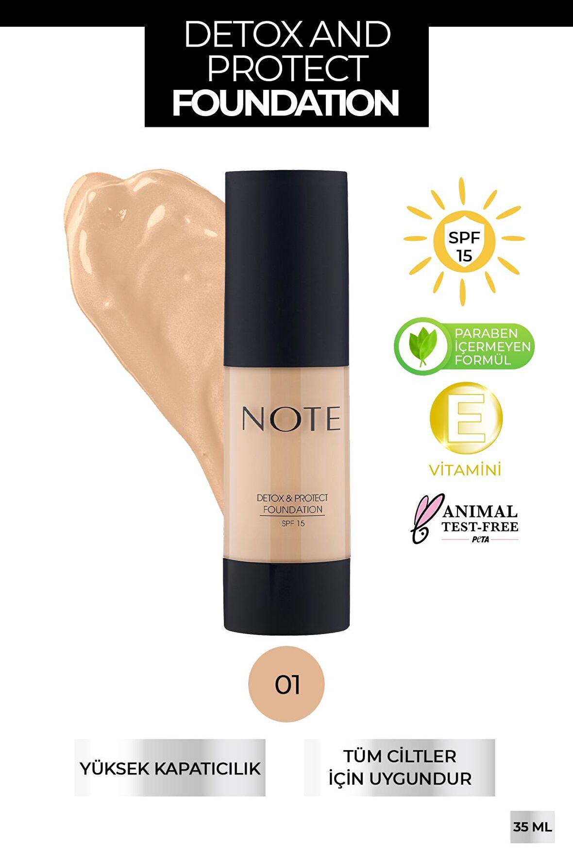 Koruyucu Etkili Fondöten - Detox Protect Foundation 01 Beige 30 ml 8680705312015