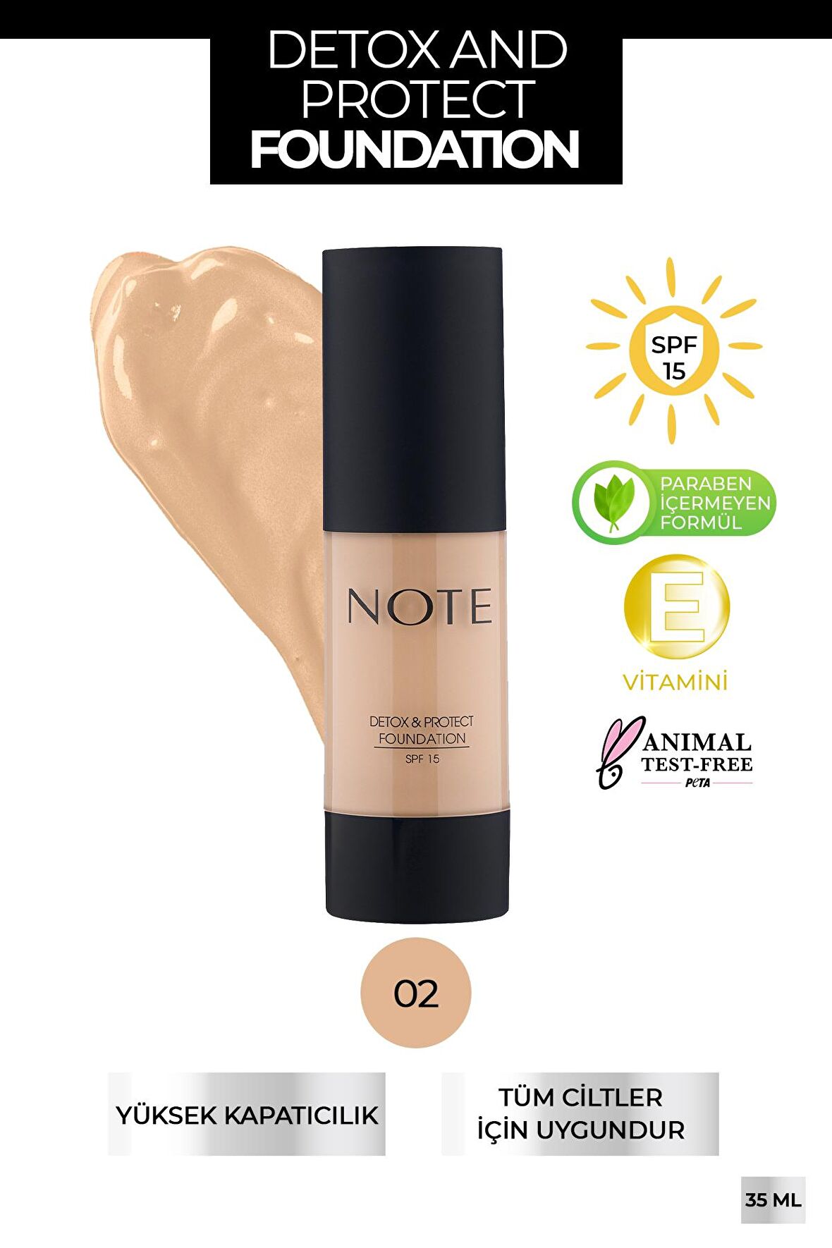 Koruyucu Etkili Fondöten - Detox Protect Foundation 02 Natural Beige 30 ml 8680705312022