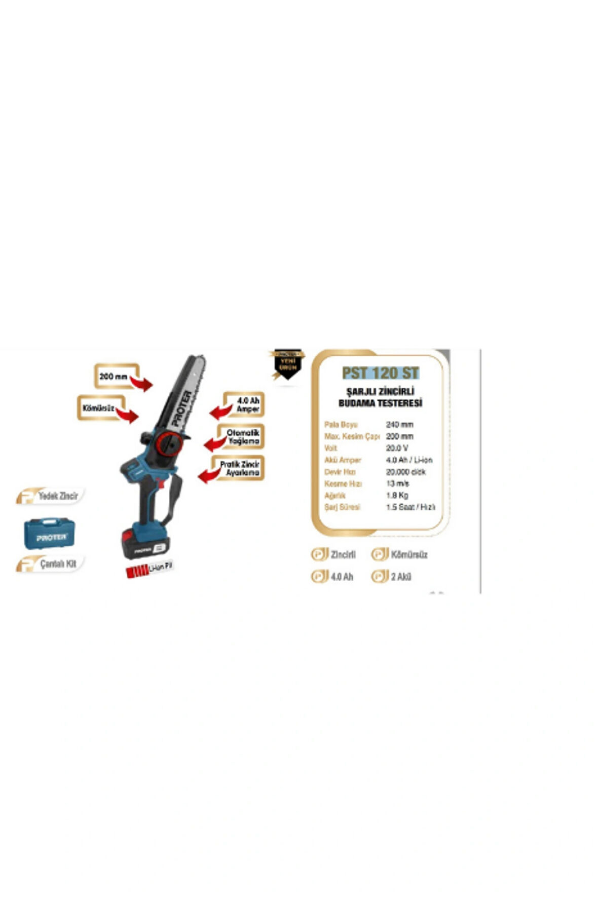 Proter PST 120 ST Şarjlı Kömürsüz Akülü Dal Budama Testeresi 20V 4.0Ah