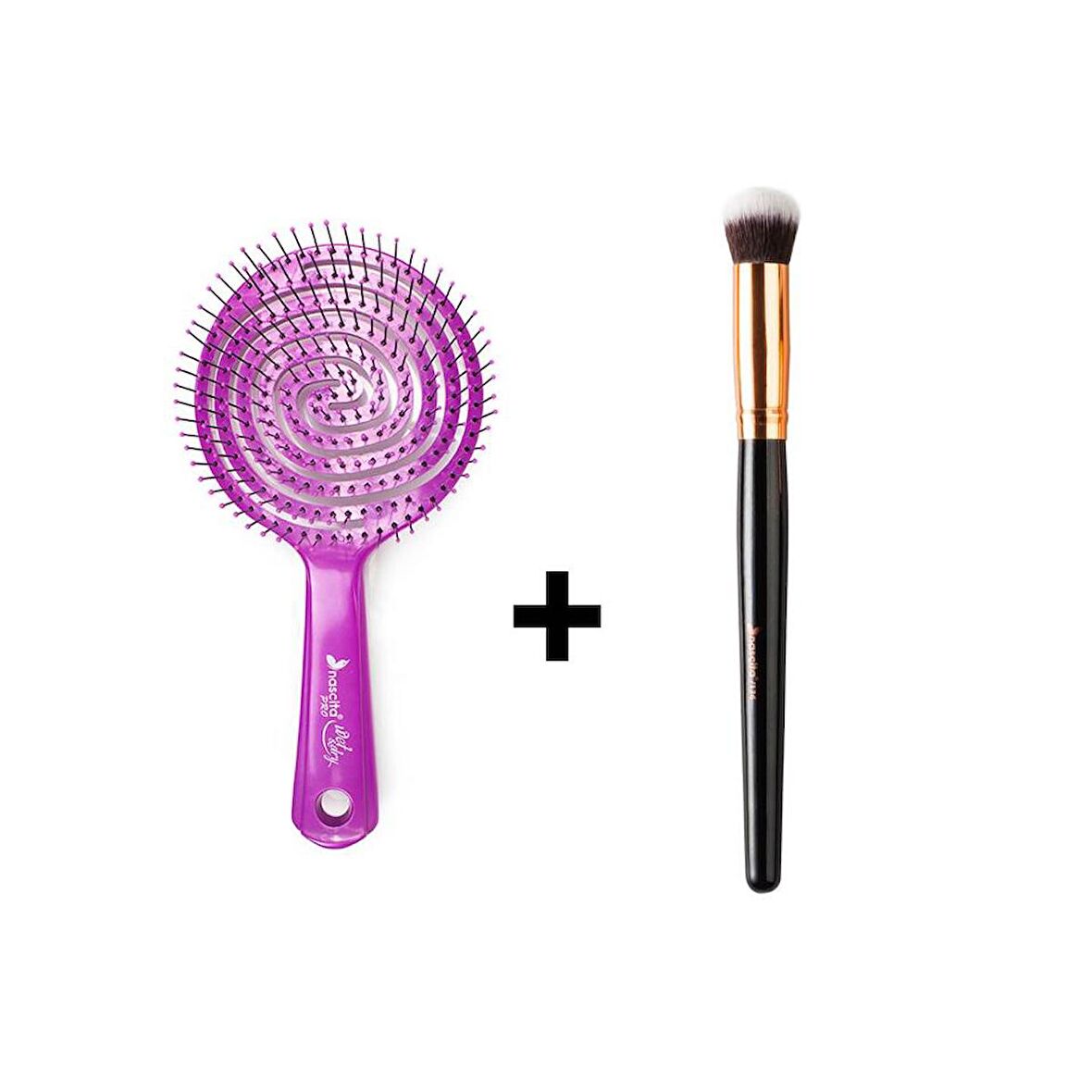 Nascita Promax Üç Boyutlu Oval Saç Fırçası Büyük 18 Mor + Nascita Oval Yapılı Kapatıcı Fırçası Nasbrush0136