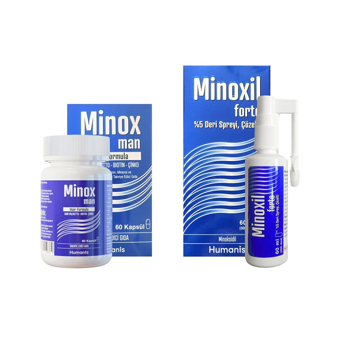 Minoxil Forte %5 Deri Spreyi, Çözelti 60 ml ve Minox Man Hair Formula 60 Kapsül