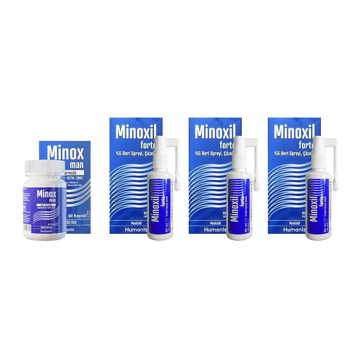 Minoxil Forte %5 Deri Spreyi, Çözelti 60 ml 3 kutu ve Minox Man Hair Formula 60 Kapsül