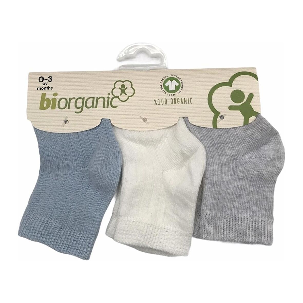 Bibaby Biorganik Desenli Basic 3Lü Çorap 68344 Ekru-Mavi-Gri