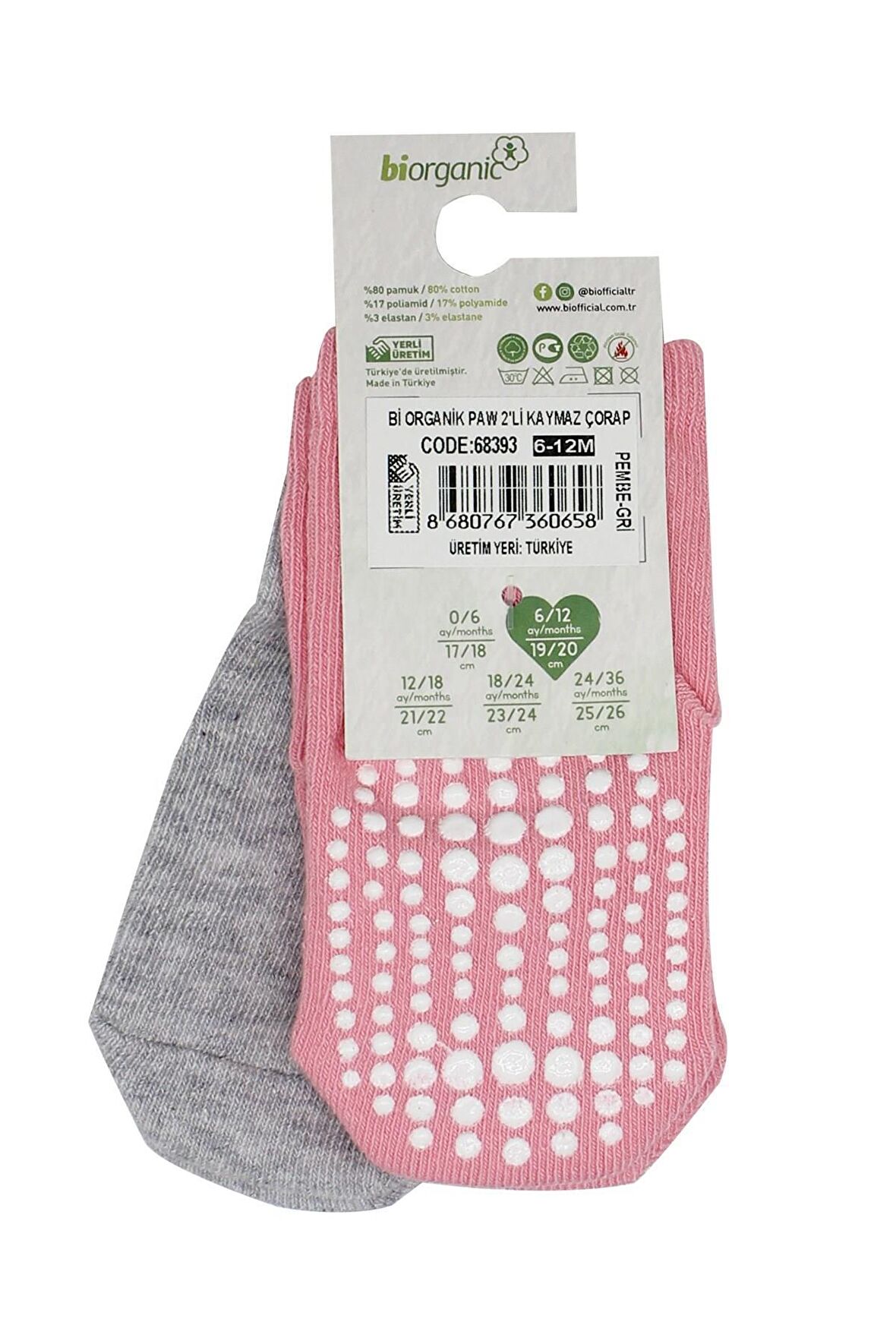 Bibaby Biorganic Paw 2'Li Kaymaz Çorap 68393 Pembe Gri