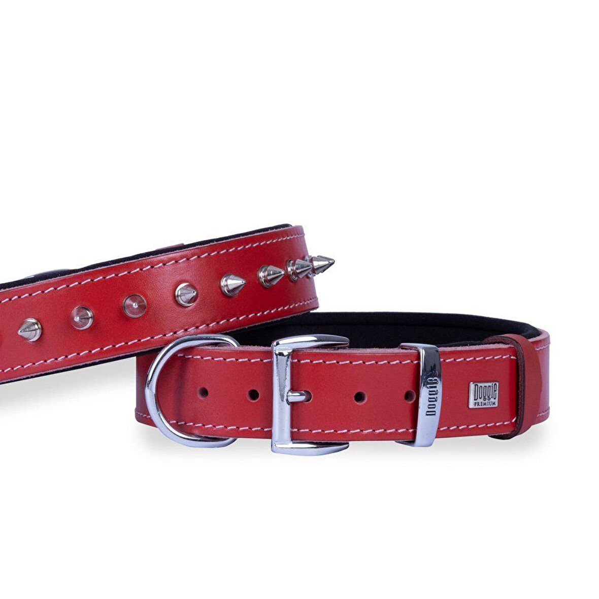 Doggie Konforlu Gerçek Deriden El Yapımı Çivili Köpek Boyun Tasması 3,5x47-55cm Kırmızı