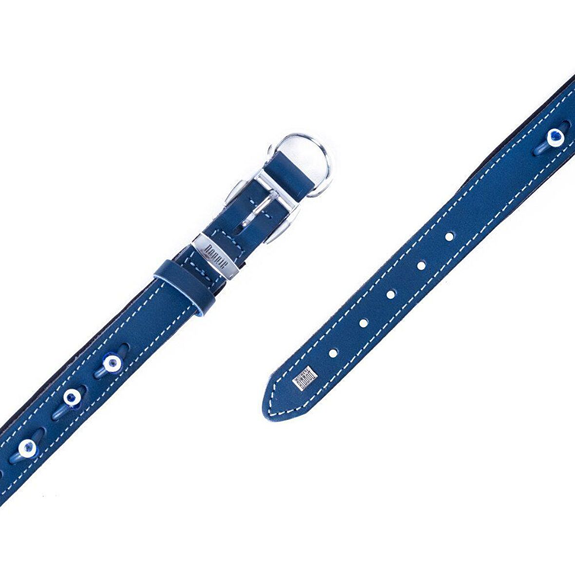 Doggie Konforlu Gerçek Deriden El Yapımı Nazar Boncuklu Köpek Boyun Tasması 2x30-35cm Royal Mavi